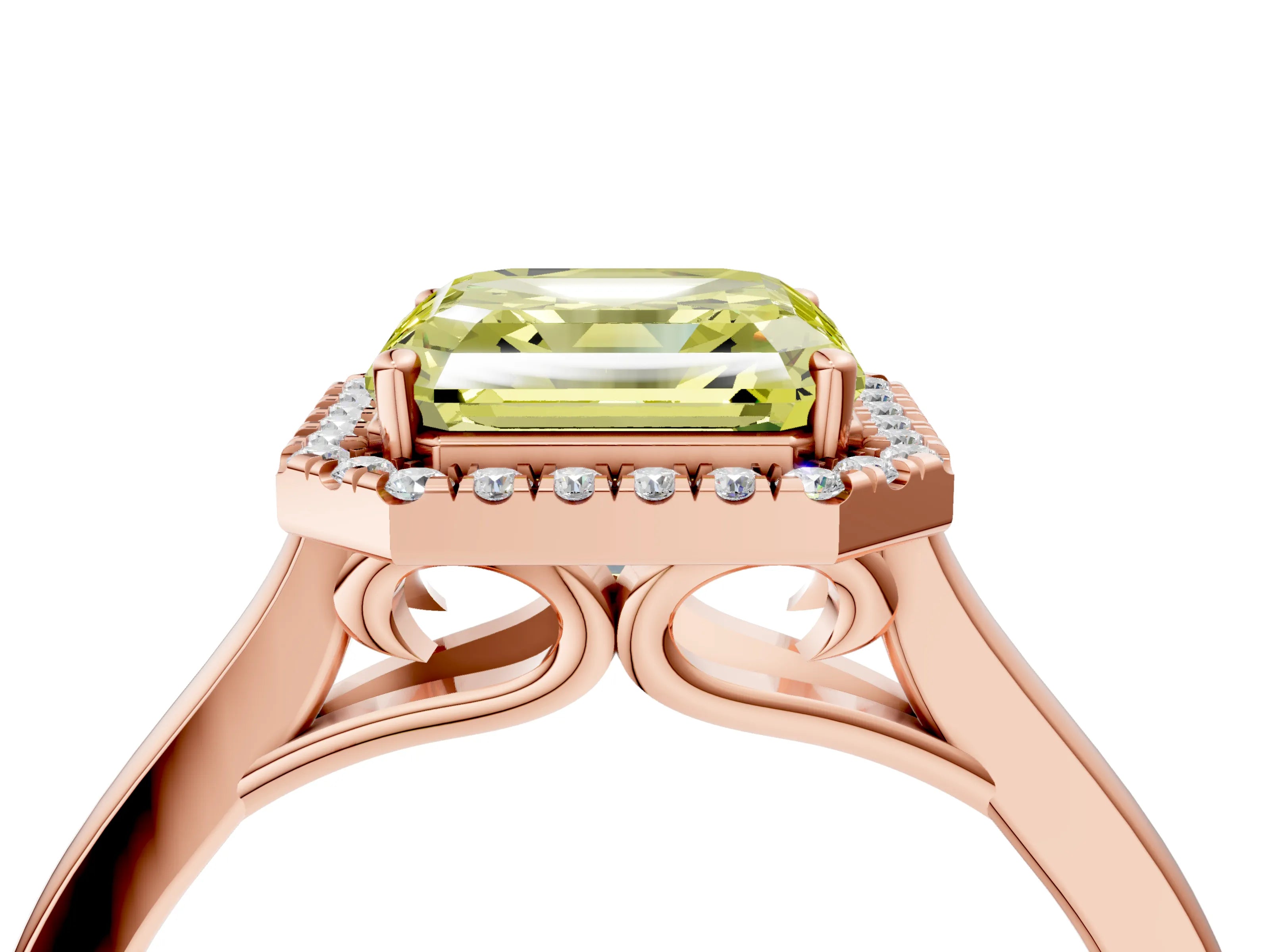 Rose gold Fancy Yellow Asscher Cut Halo Round Diamond Solitaire Ring with Pavé Band and Four-Prong Setting_4