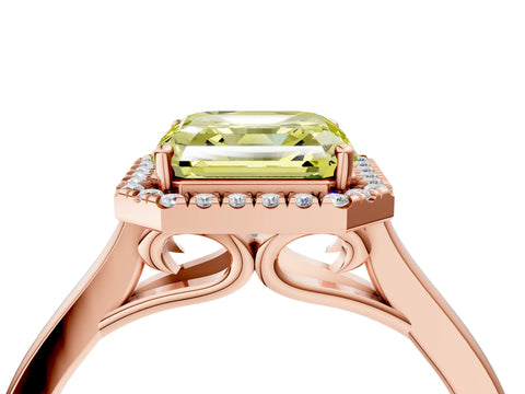 Rose gold Fancy Yellow Asscher Cut Halo Round Diamond Solitaire Ring with Pavé Band and Four-Prong Setting_4