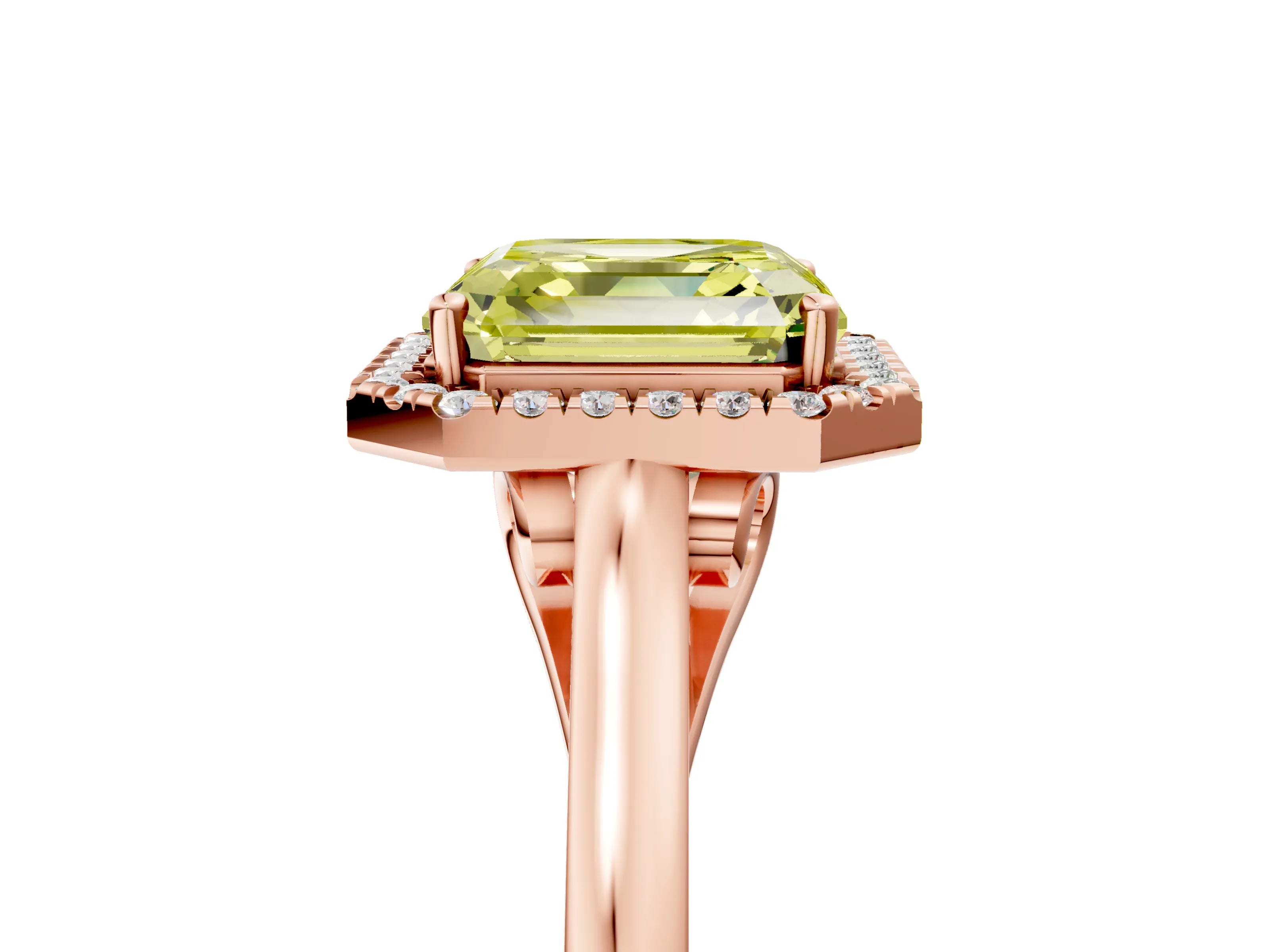Rose gold Fancy Yellow Asscher Cut Halo Round Diamond Solitaire Ring with Pavé Band and Four-Prong Setting_5