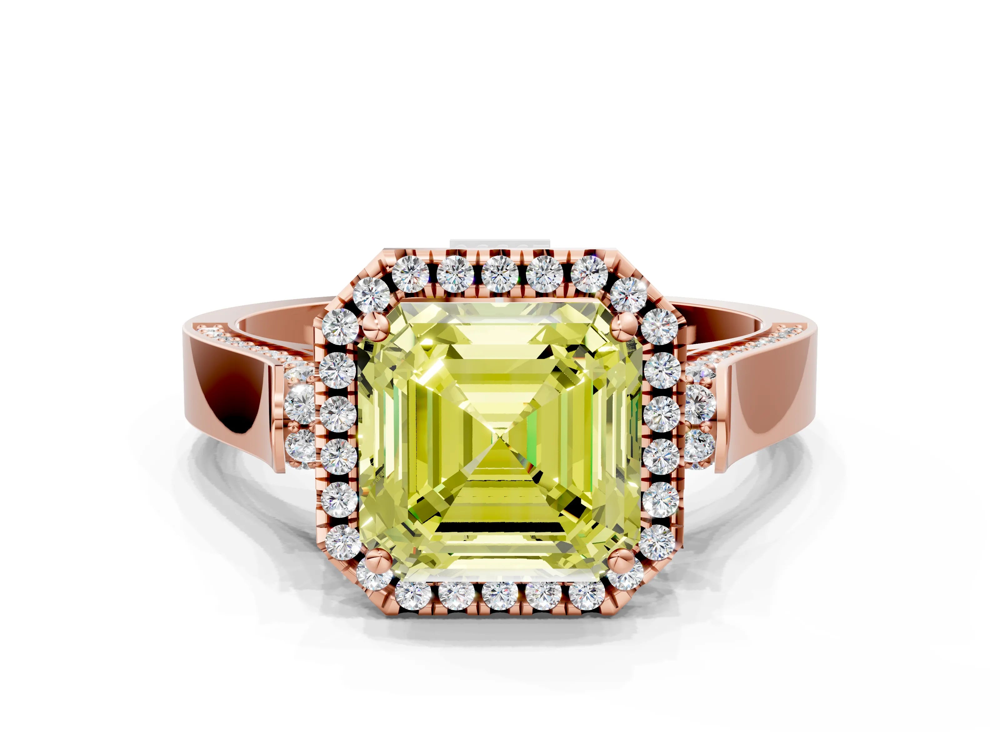 Rose gold Fancy Yellow Asscher Cut Halo Round Diamond Twist Band with Four-Prong Setting