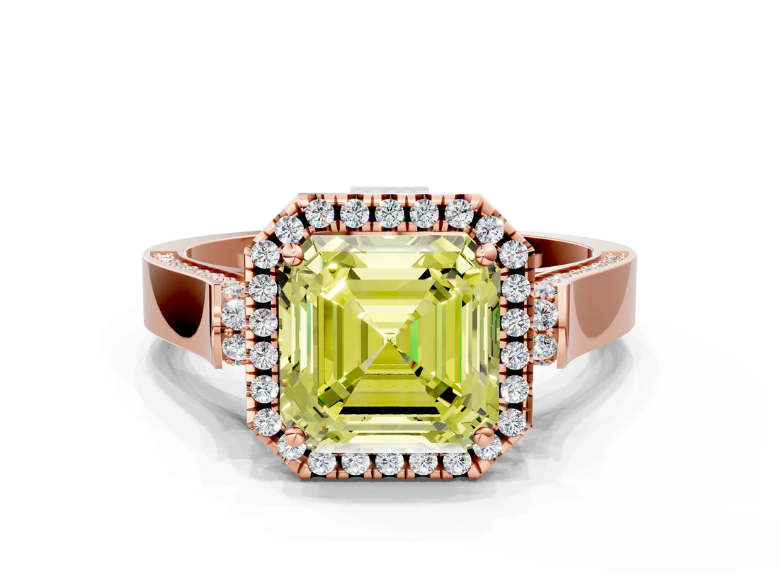 Rose gold Fancy Yellow Asscher Cut Halo Round Diamond Twist Band with Four-Prong Setting