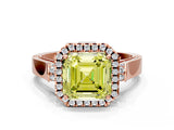 Rose gold Fancy Yellow Asscher Cut Halo Round Diamond Twist Band with Four-Prong Setting