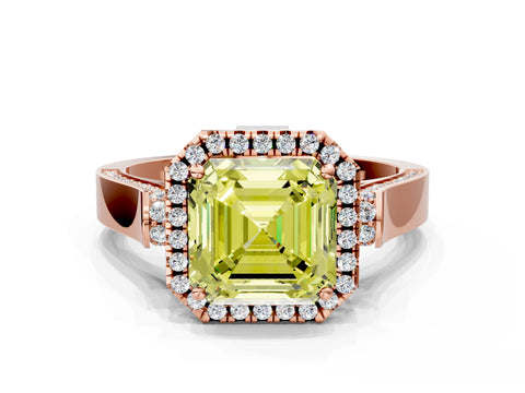 Rose gold Fancy Yellow Asscher Cut Halo Round Diamond Twist Band with Four-Prong Setting