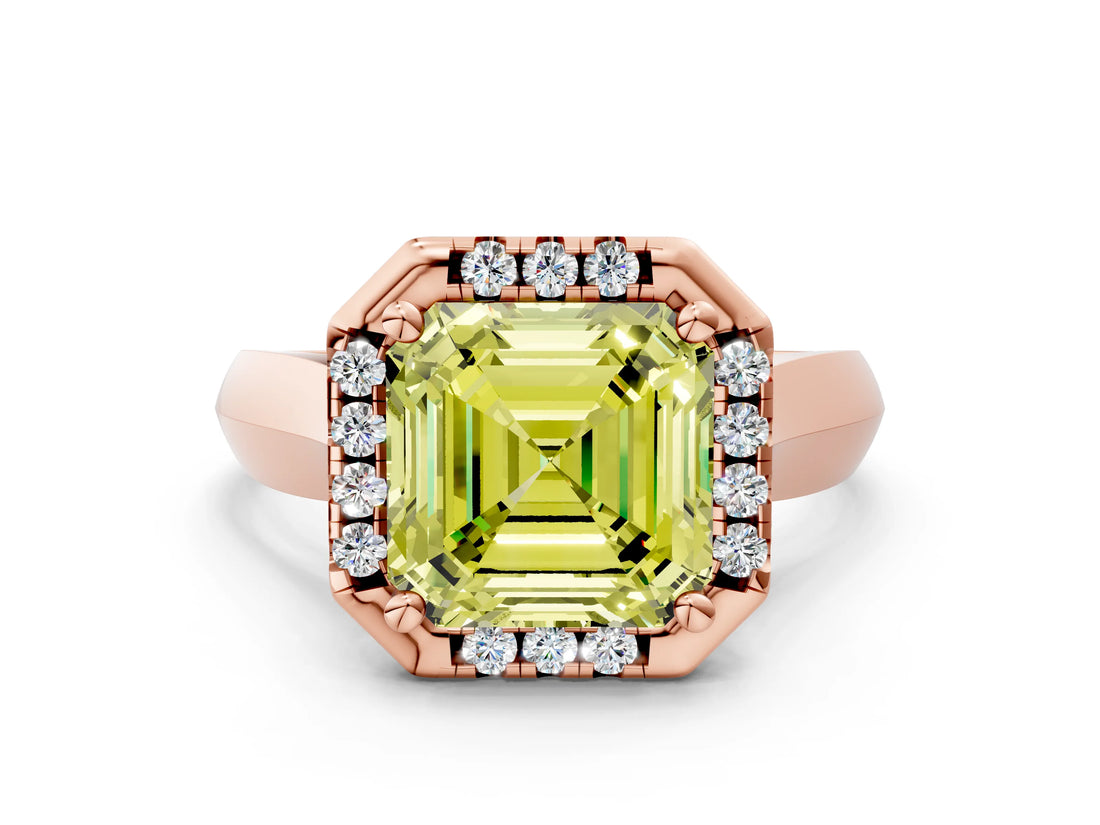 Rose gold Fancy Yellow Asscher  Cut Halo Solitaire Engagement Ring with Square Band and Four-Prong Setting_66