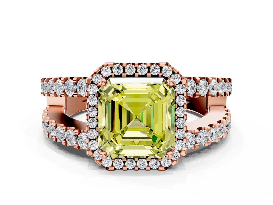 Rose gold Fancy Yellow Asscher  Cut Halo Split Shank Diamond Ring with Four-Prong Setting
