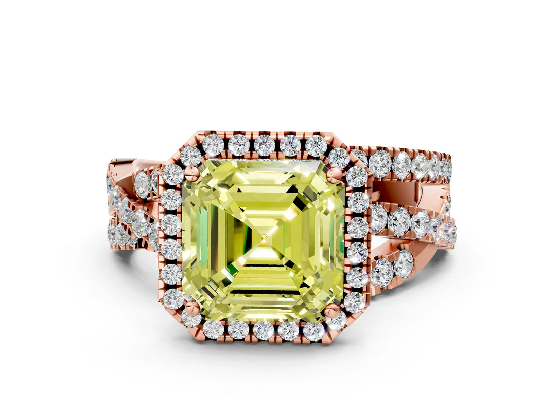 Rose gold Fancy Yellow Asscher  Cut Halo Split Shank Prong Setting Ring_12