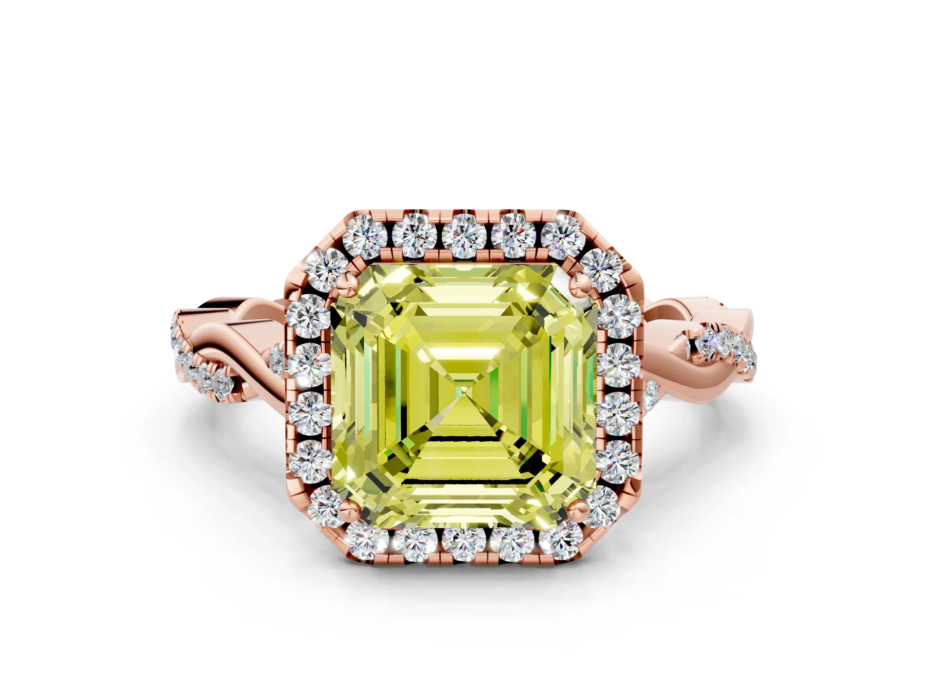 Rose gold Fancy Yellow Asscher Cut Halo Twist Band with Four-Prong Setting