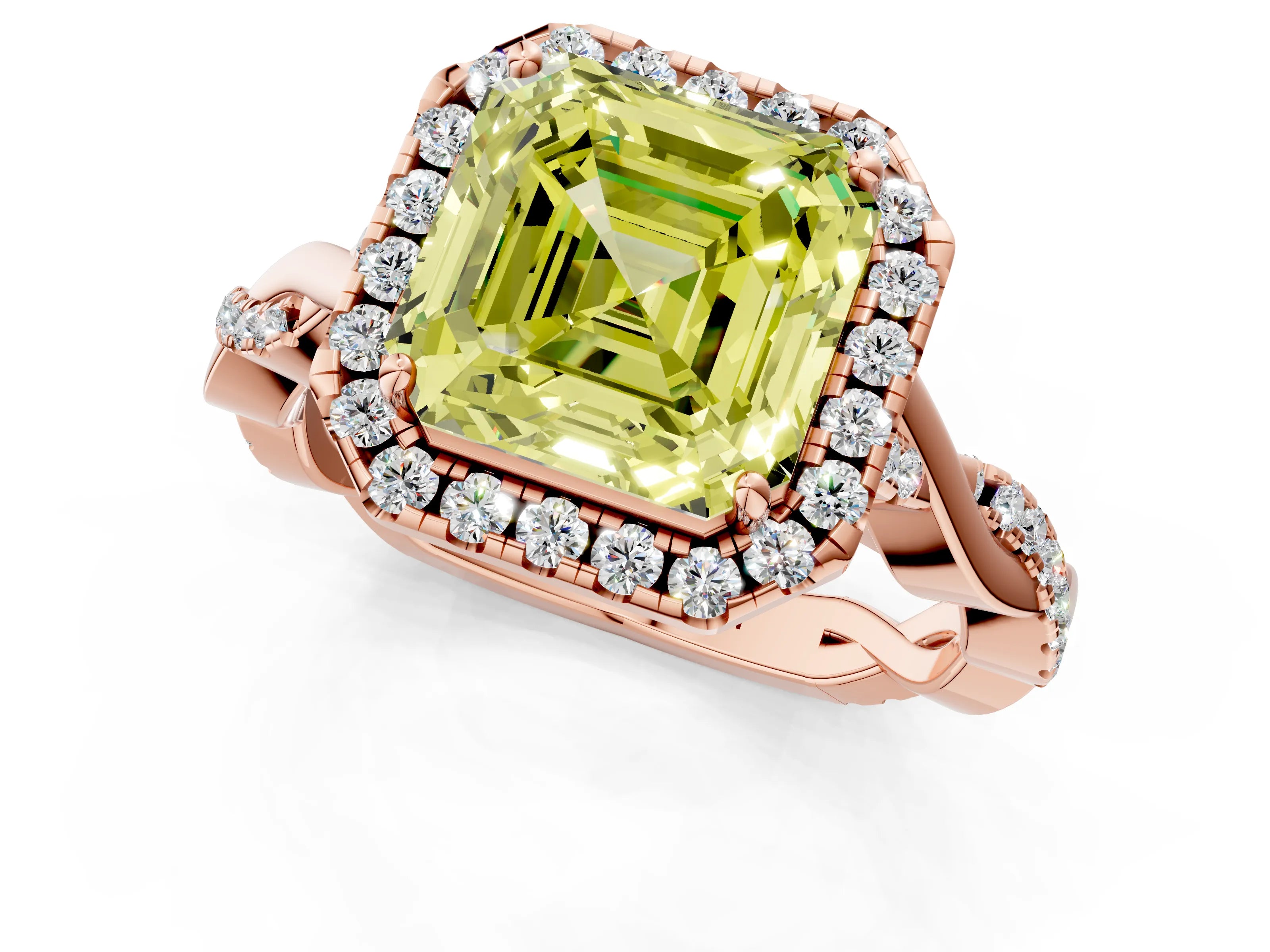 Rose gold Fancy Yellow Asscher Cut Halo Twist Band with Four-Prong Setting_1