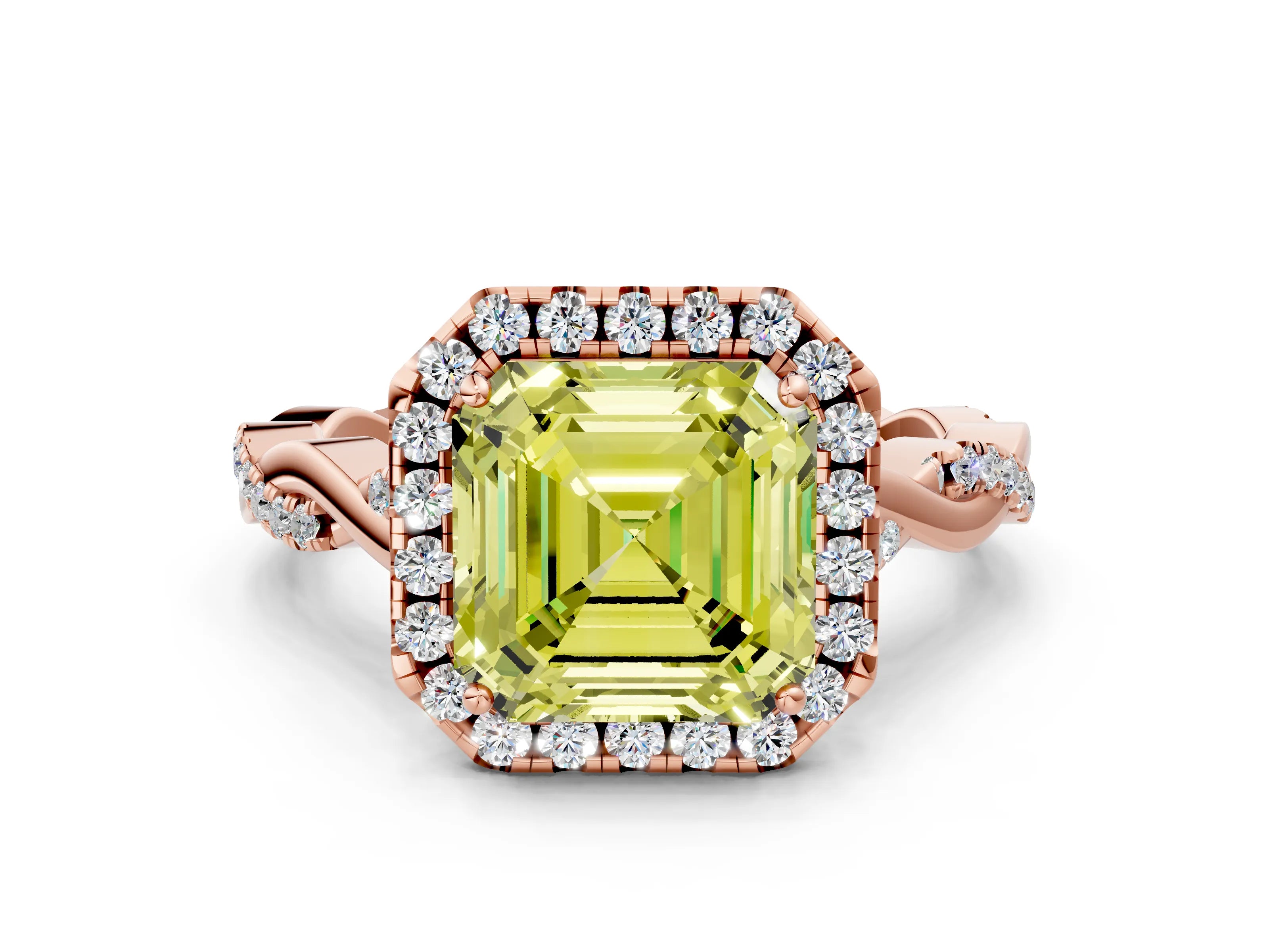Rose gold Fancy Yellow Asscher Cut Halo Twist Band with Four-Prong Setting_12
