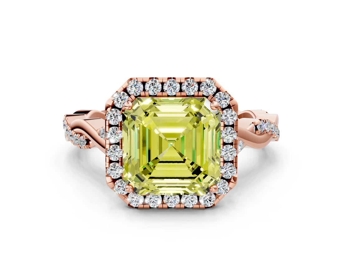 Rose gold Fancy Yellow Asscher Cut Halo Twist Band with Four-Prong Setting_12