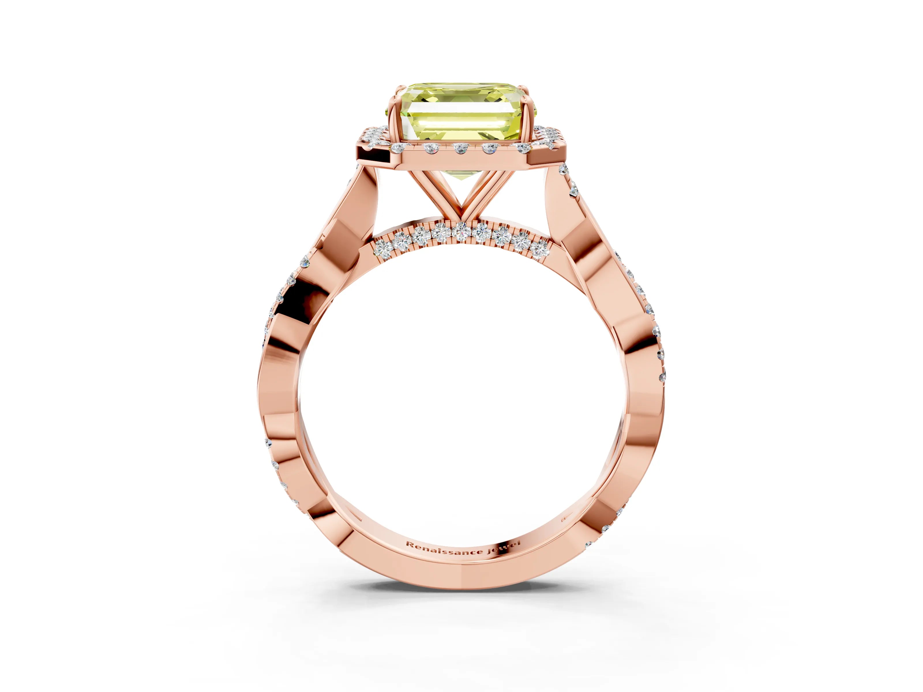 Rose gold Fancy Yellow Asscher Cut Halo Twist Band with Four-Prong Setting_3
