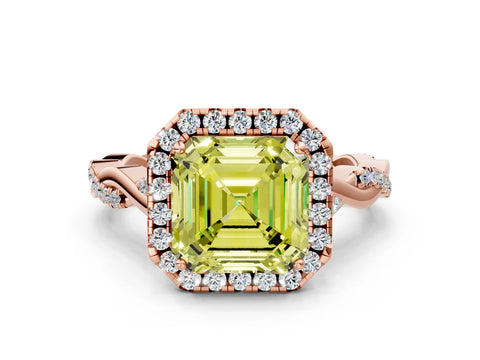 Rose gold Fancy Yellow Asscher Cut Halo Twist Band with Four-Prong Setting