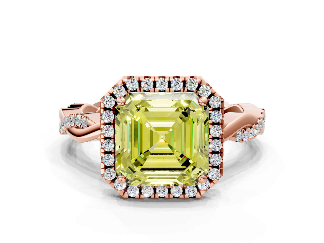Rose gold Fancy Yellow Asscher  Cut Halo Twisted Band Four-Prong Ring