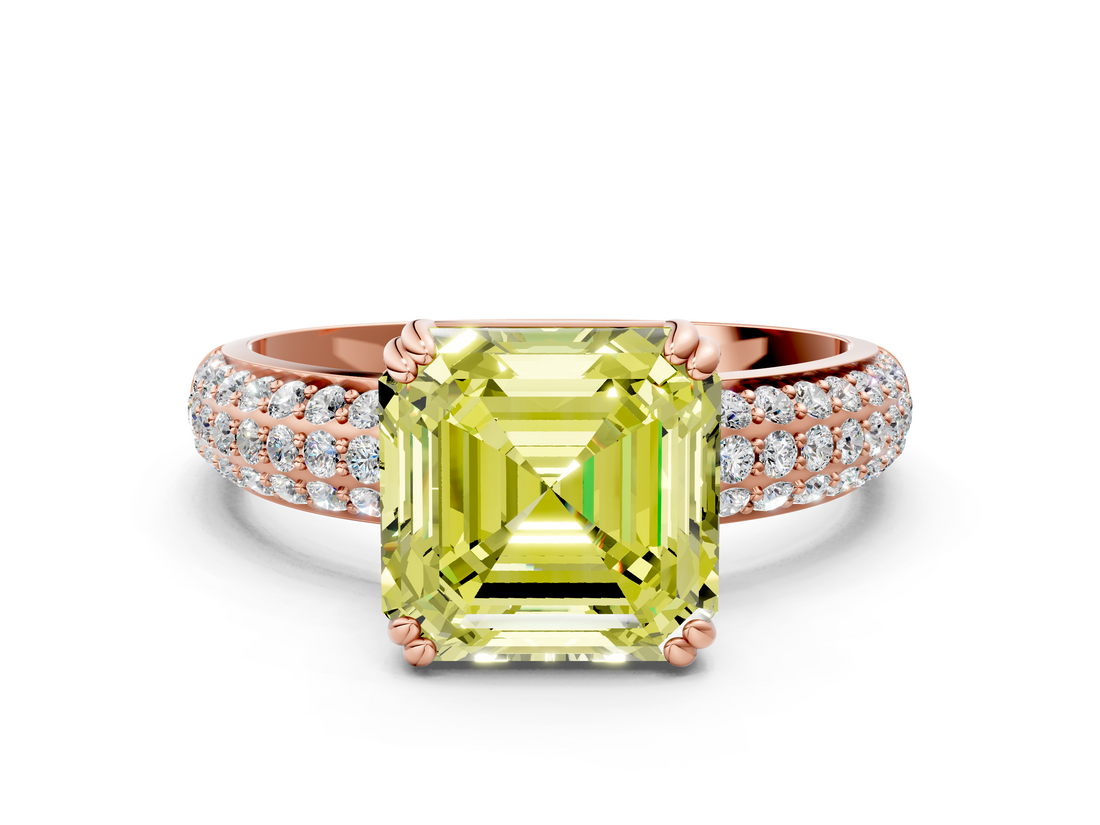 Rose gold Fancy Yellow Asscher  Cut Pave Diamond Engagement Ring with Channel Set Band and Four-Prong Setting