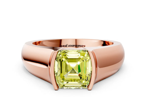 Rose gold Fancy Yellow Asscher Cut Solitaire Bezel Set Diamond Ring with Wide Band