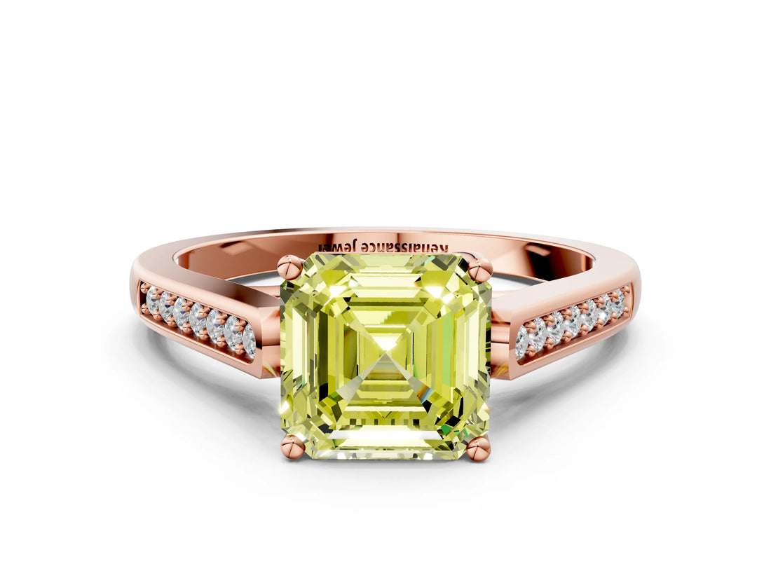 Rose gold Fancy Yellow Asscher Cut Solitaire Cathedral Diamond Engagement Ring with Channel-Set Band and Four-Prong Setting_3
