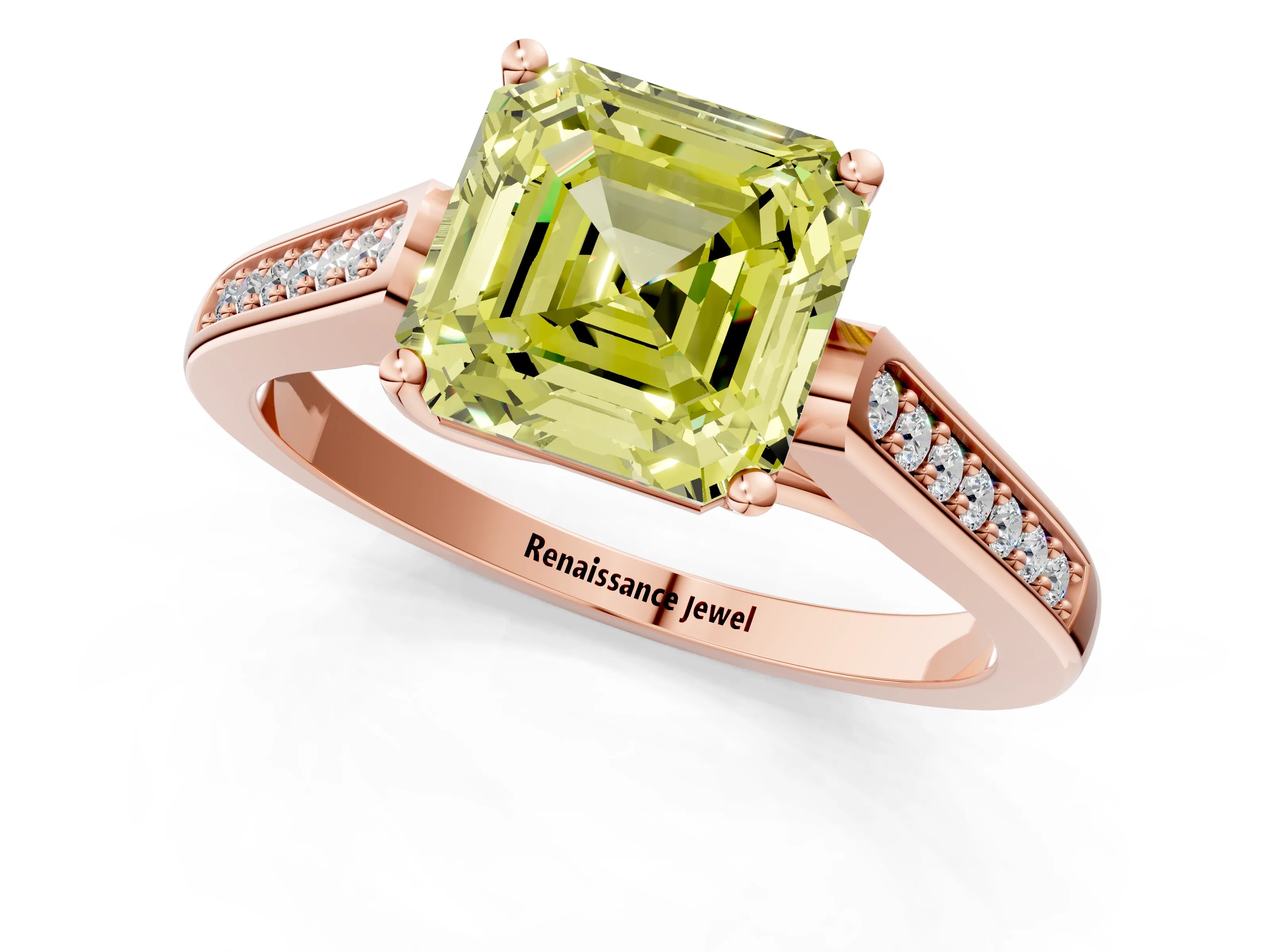 Rose gold Fancy Yellow Asscher Cut Solitaire Cathedral Diamond Engagement Ring with Channel-Set Band and Four-Prong Setting_4