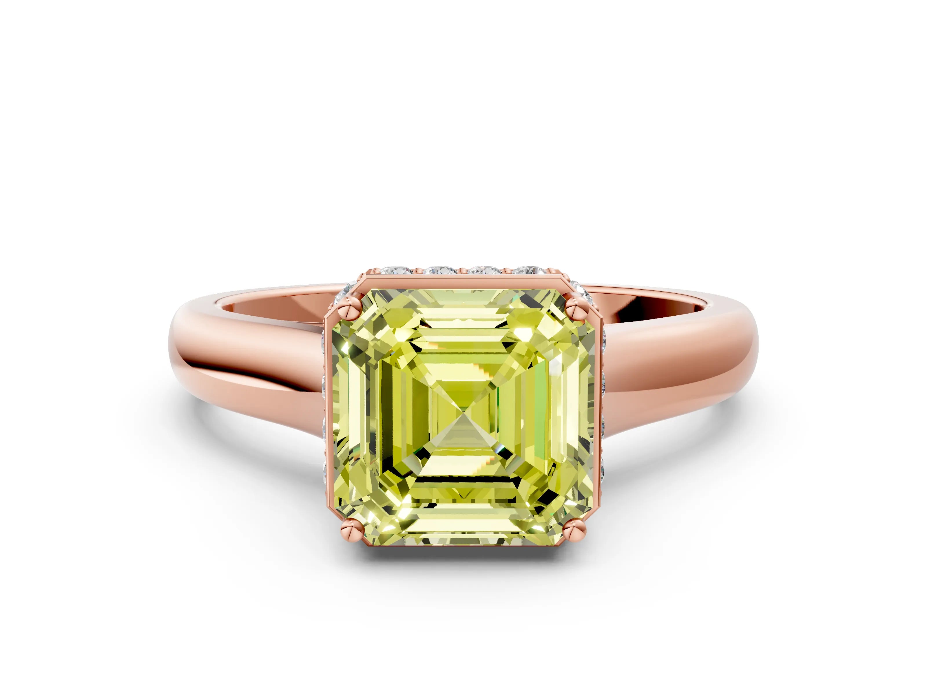 Rose gold Fancy Yellow Asscher Cut Solitaire Diamond Engagement Ring with Four-Prong Setting and Tapered Band