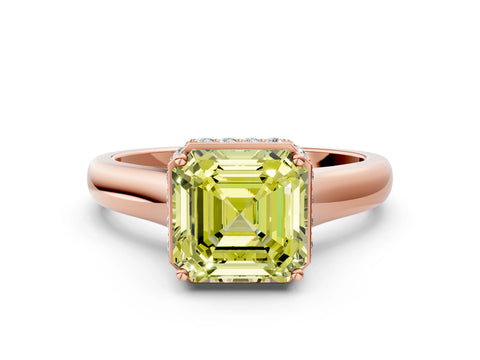 Rose gold Fancy Yellow Asscher Cut Solitaire Diamond Engagement Ring with Four-Prong Setting and Tapered Band