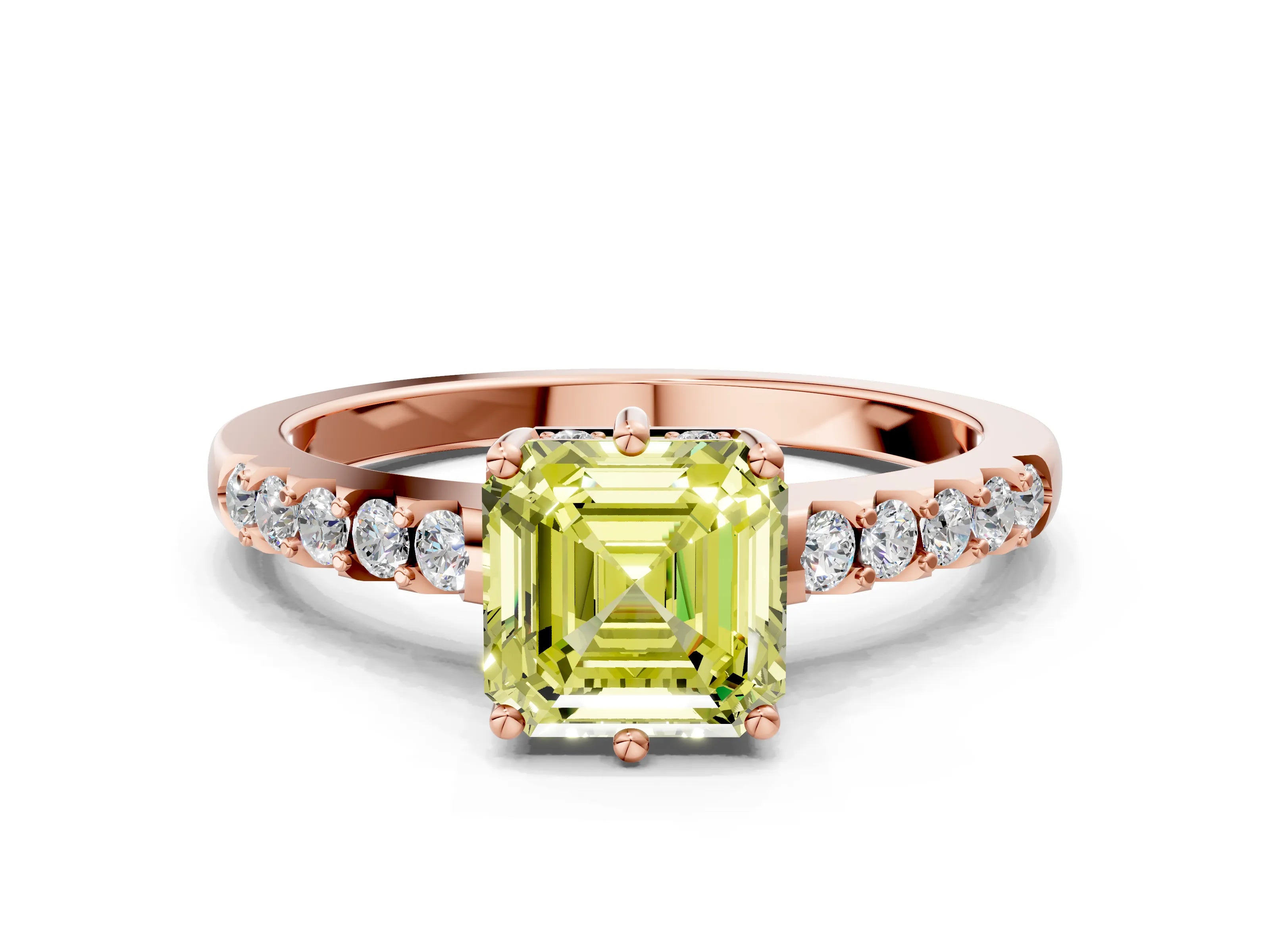 Rose gold Fancy Yellow Asscher Cut Solitaire Diamond Engagement Ring with Pavé Band and Six-Prong Setting