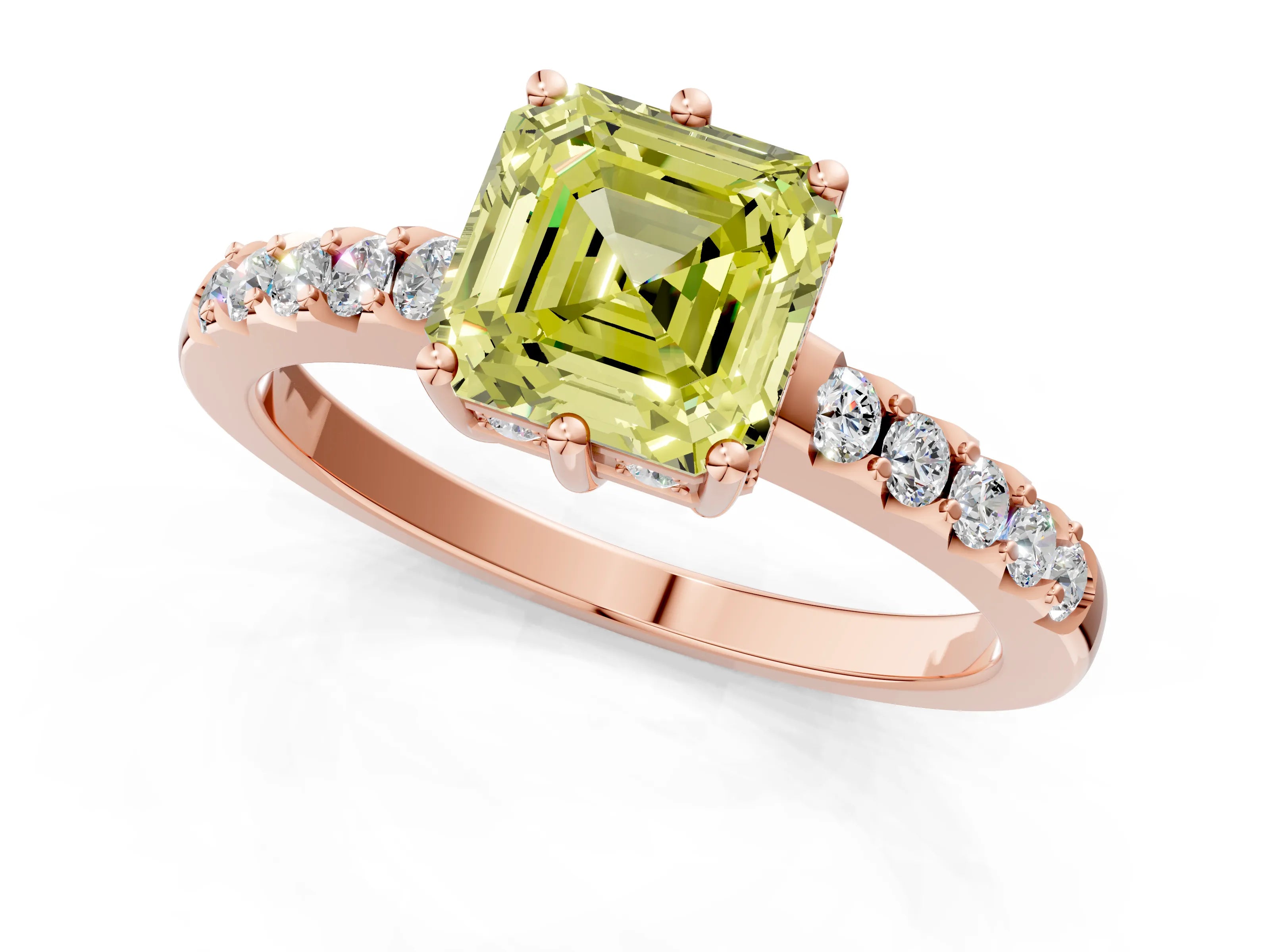 Rose gold Fancy Yellow Asscher Cut Solitaire Diamond Engagement Ring with Pavé Band and Six-Prong Setting_1