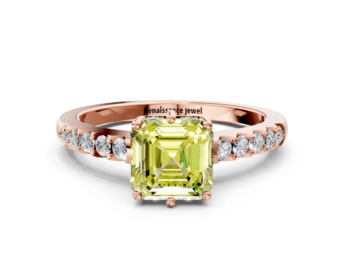 Rose gold Fancy Yellow Asscher Cut Solitaire Diamond Engagement Ring with Pavé Band and Six-Prong Setting_24