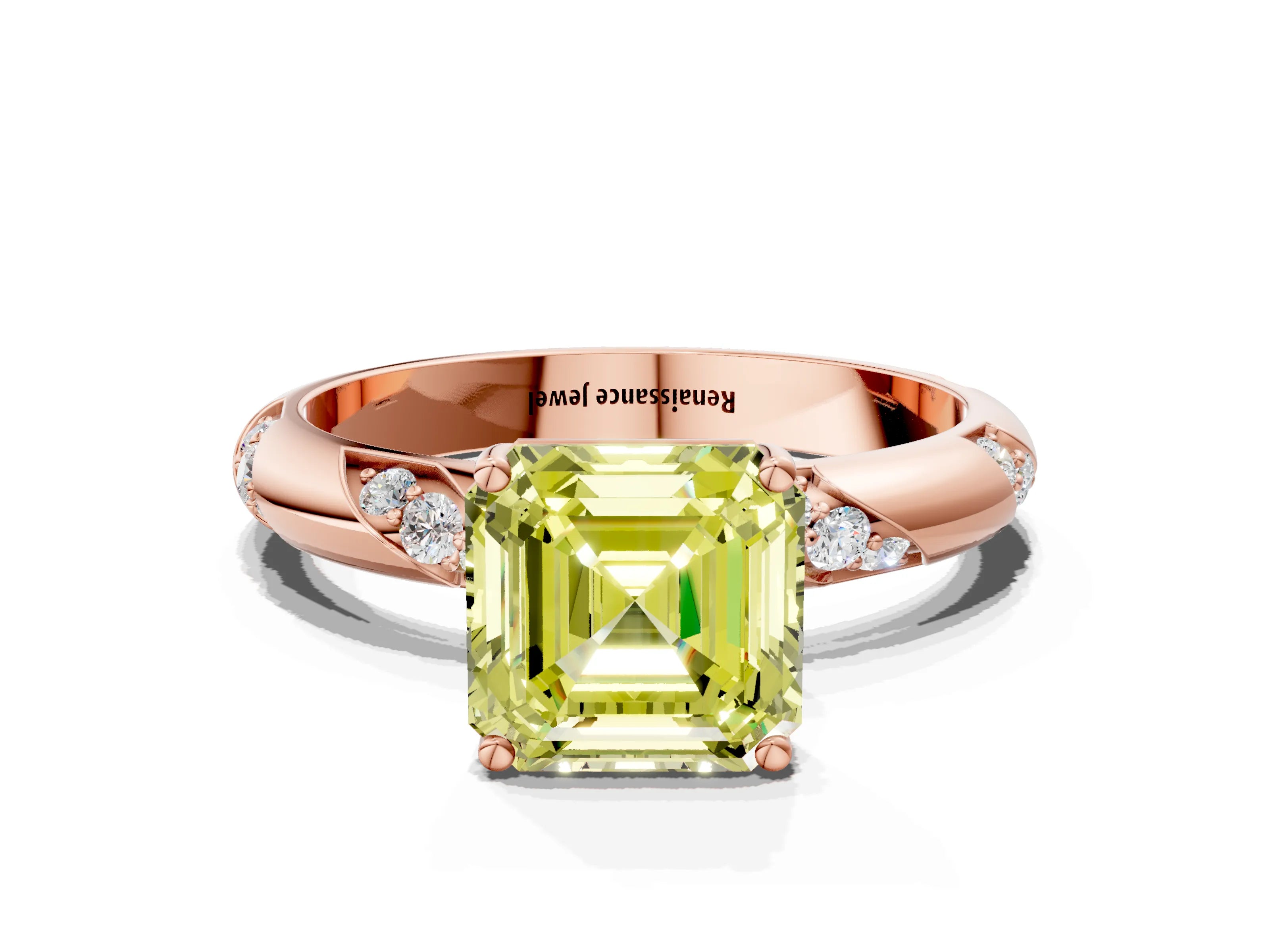 Rose gold Fancy Yellow Asscher Cut Solitaire Diamond Engagement Ring with Twisted Pave Band and Four-Prong Setting_3