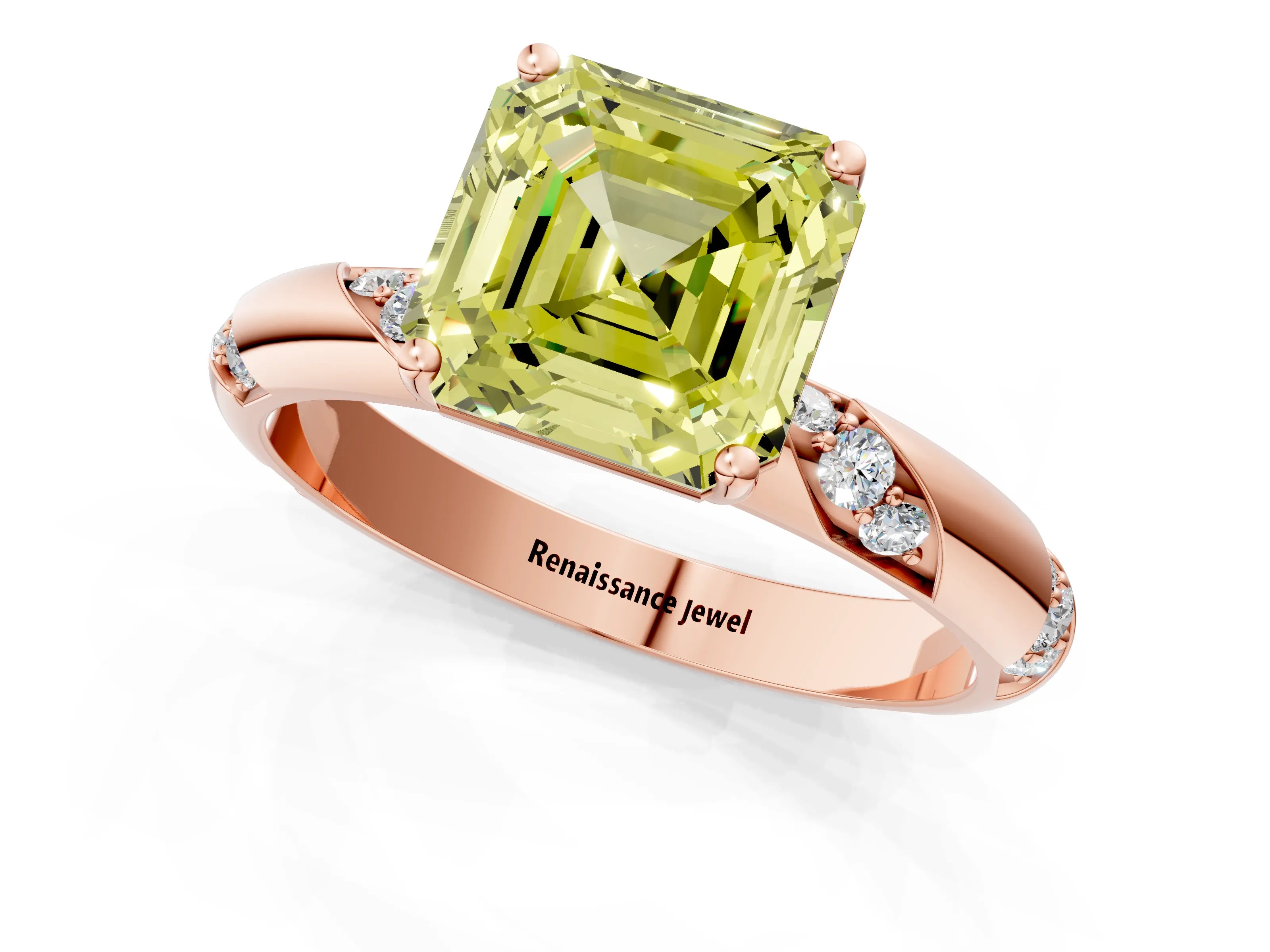 Rose gold Fancy Yellow Asscher Cut Solitaire Diamond Engagement Ring with Twisted Pave Band and Four-Prong Setting_4