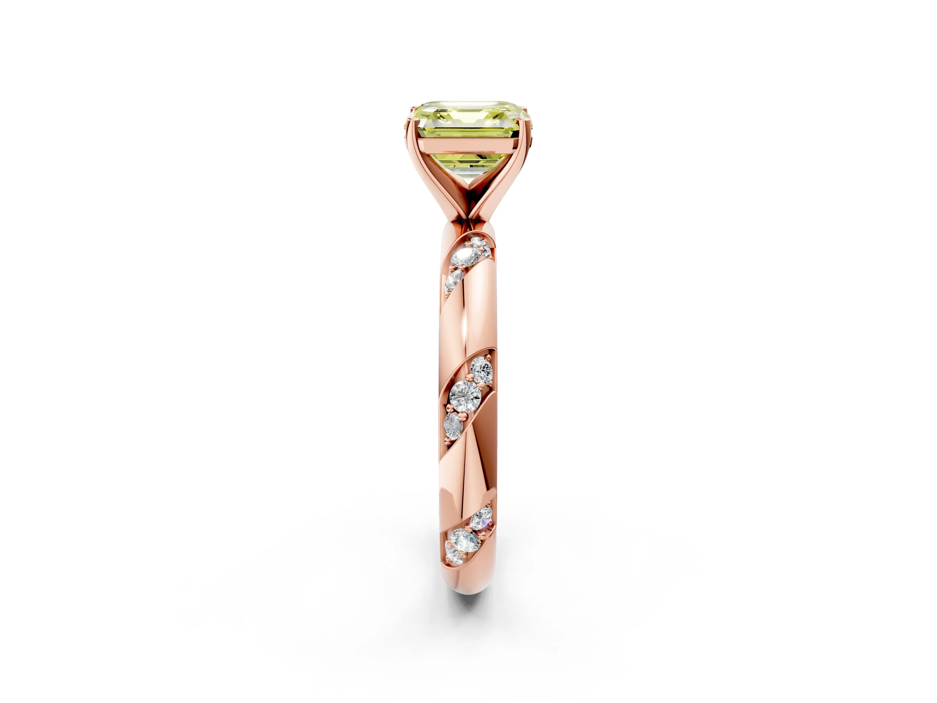 Rose gold Fancy Yellow Asscher Cut Solitaire Diamond Engagement Ring with Twisted Pave Band and Four-Prong Setting_5