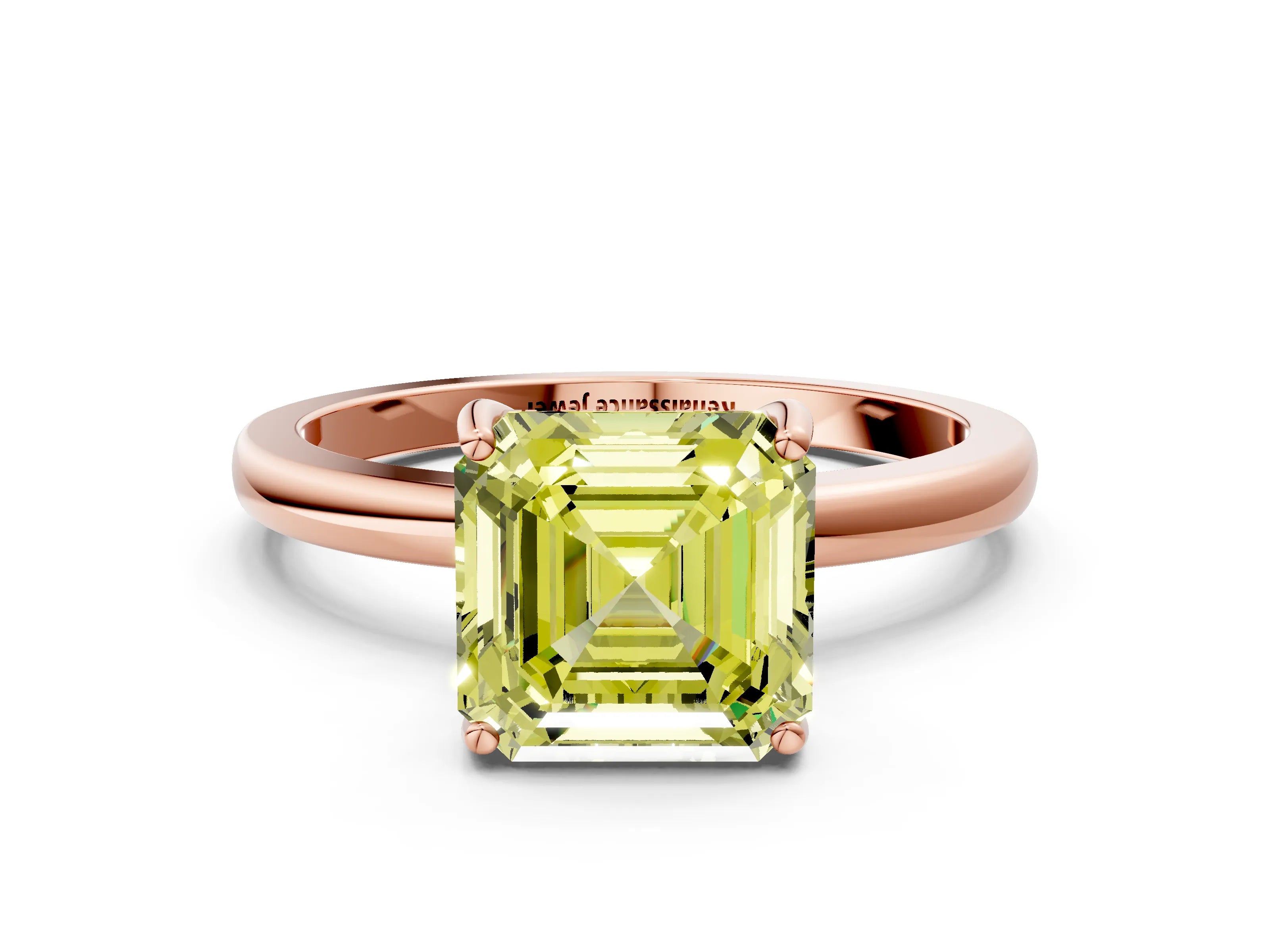 Rose gold Fancy Yellow Asscher Cut Solitaire Diamond Ring with Prong Setting and Plain Band