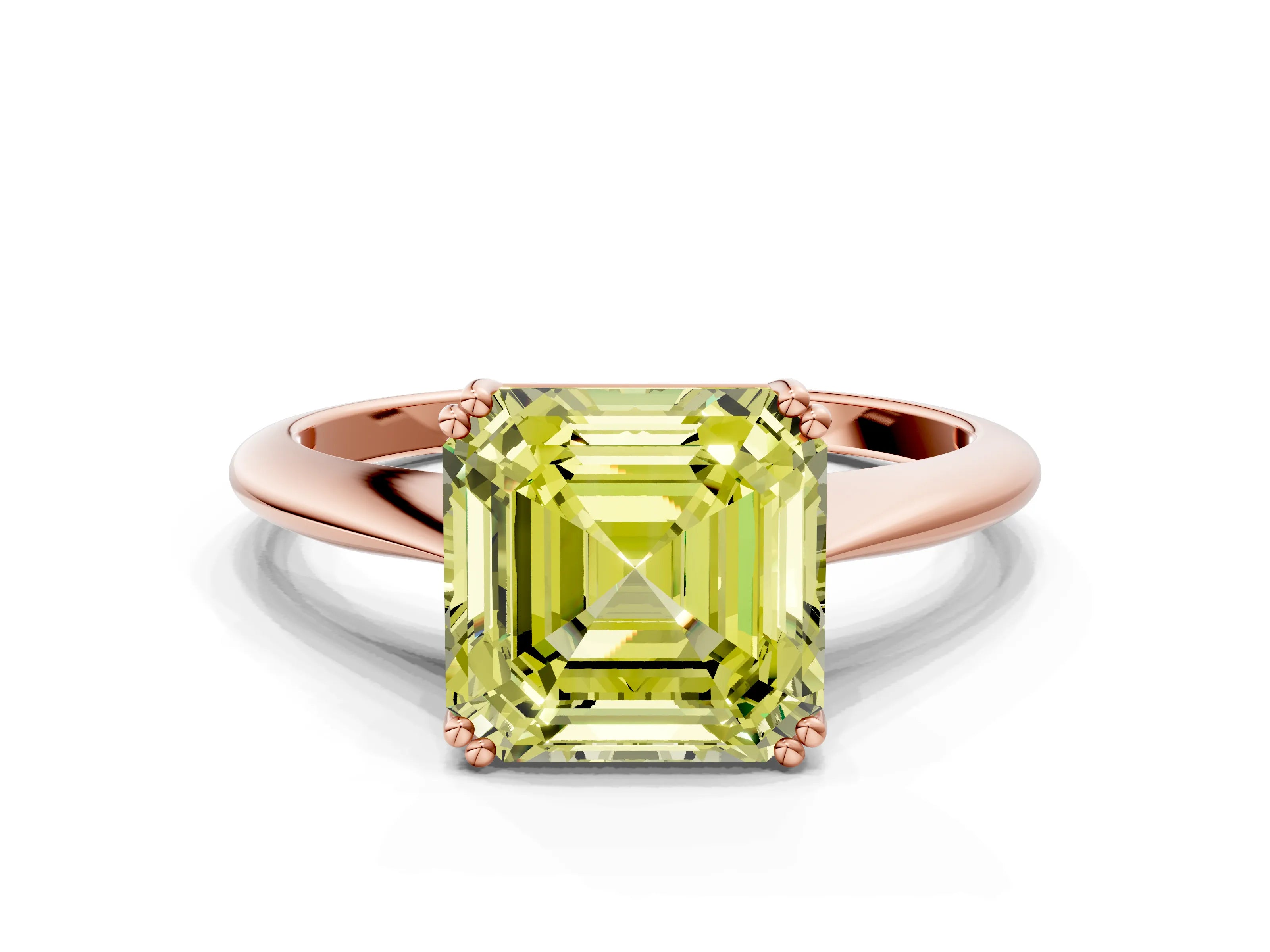 Rose gold Fancy Yellow Asscher Cut Solitaire Diamond Ring with Six-Prong Setting and Classic Band