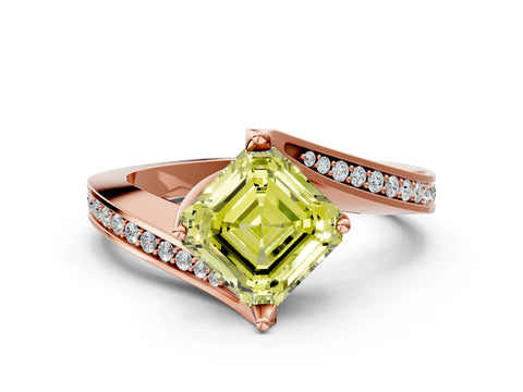 Rose gold Fancy Yellow Asscher Cut Solitaire Diamond Twist Band with Pavé Setting and Four-Prong Setting