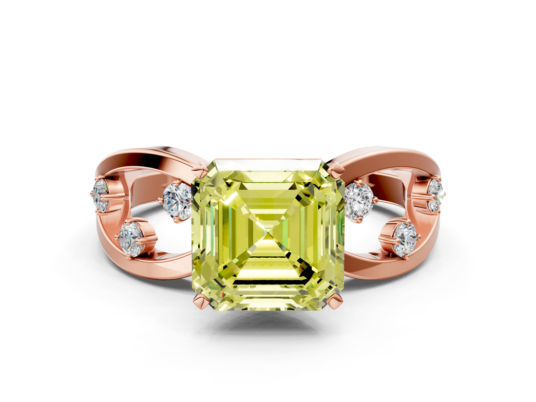 Rose gold Fancy Yellow Asscher  Cut Solitaire Diamond with Side Stones on Criss-Cross Band and Four-Prong Setting_16