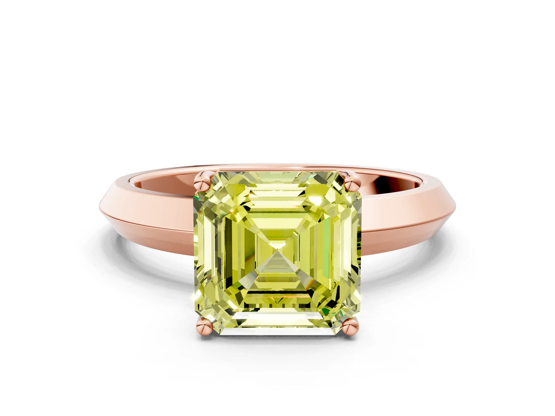 Rose gold Fancy Yellow Asscher  Cut Solitaire Engagement Ring with Flat Band and Four-Prong Setting