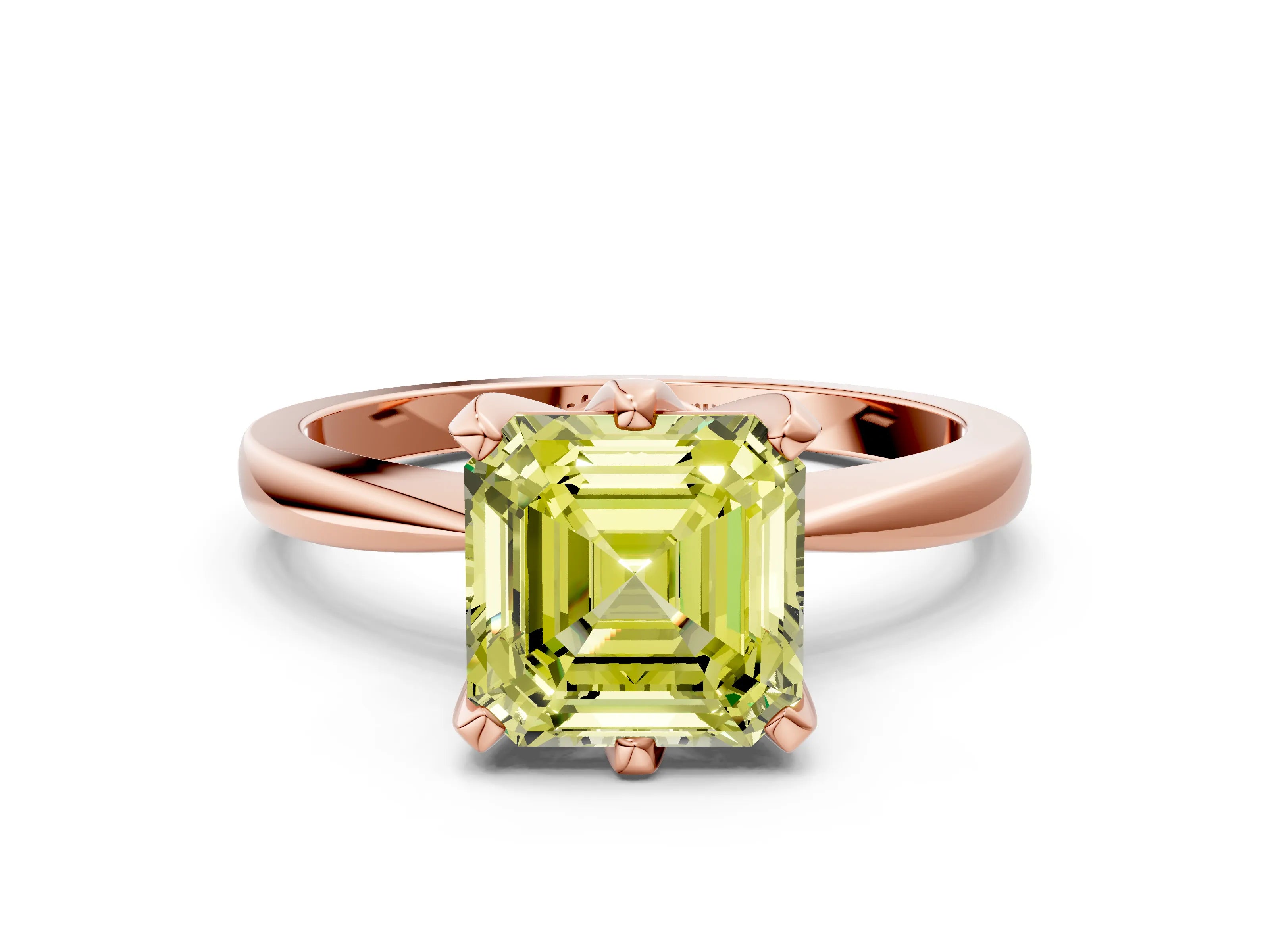 Rose gold Fancy Yellow Asscher Cut Solitaire Engagement Ring with Six-Prong Setting and Tapered Band