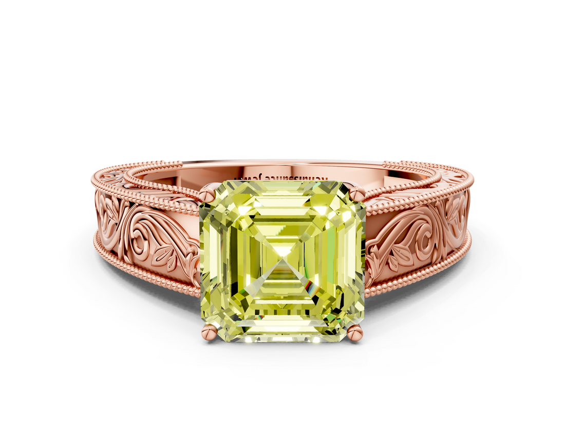 Rose gold Fancy Yellow Asscher  Cut Solitaire Engraved Band with Four-Prong Setting
