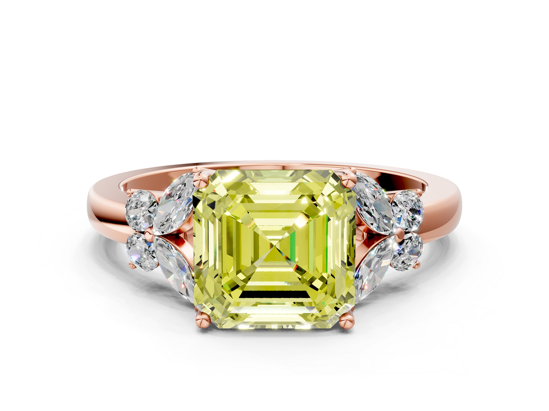 Rose gold Fancy Yellow Asscher  Cut Solitaire Floral Diamond Ring with Four-Prong Setting