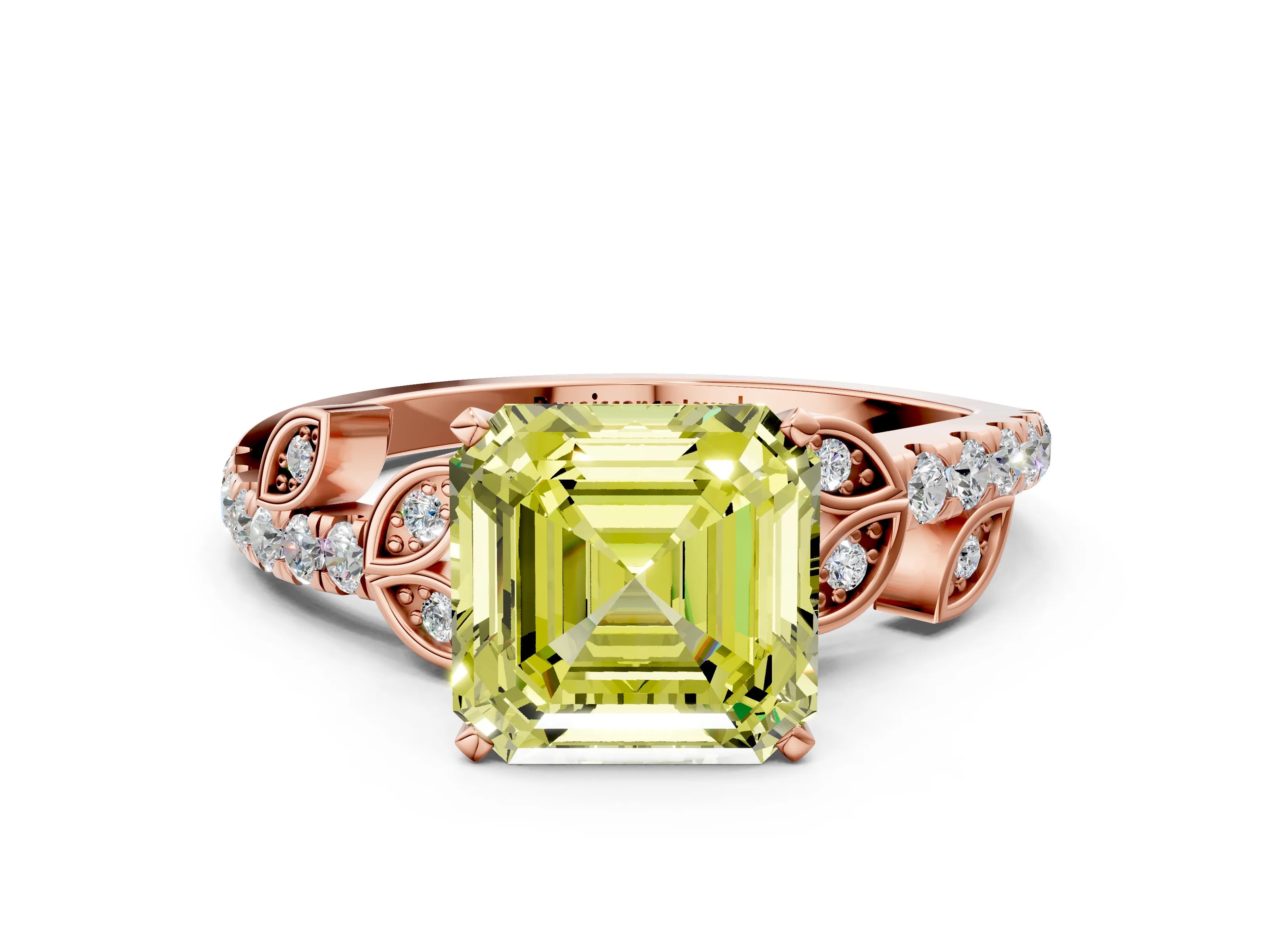 Rose gold Fancy Yellow Asscher Cut Solitaire Leaf-Inspired Diamond Ring with Pavé Band and Four-Prong Setting