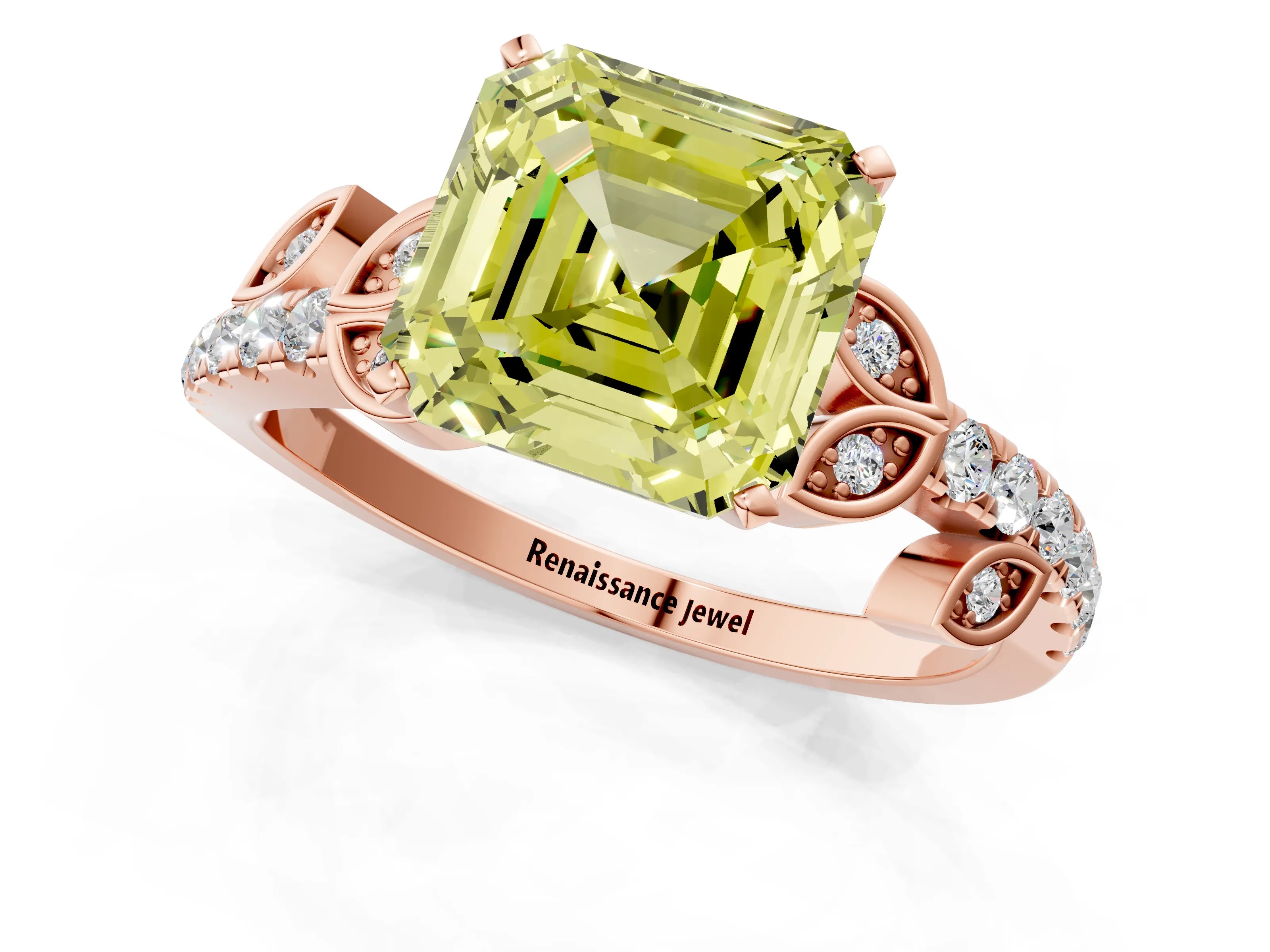 Rose gold Fancy Yellow Asscher Cut Solitaire Leaf-Inspired Diamond Ring with Pavé Band and Four-Prong Setting_1