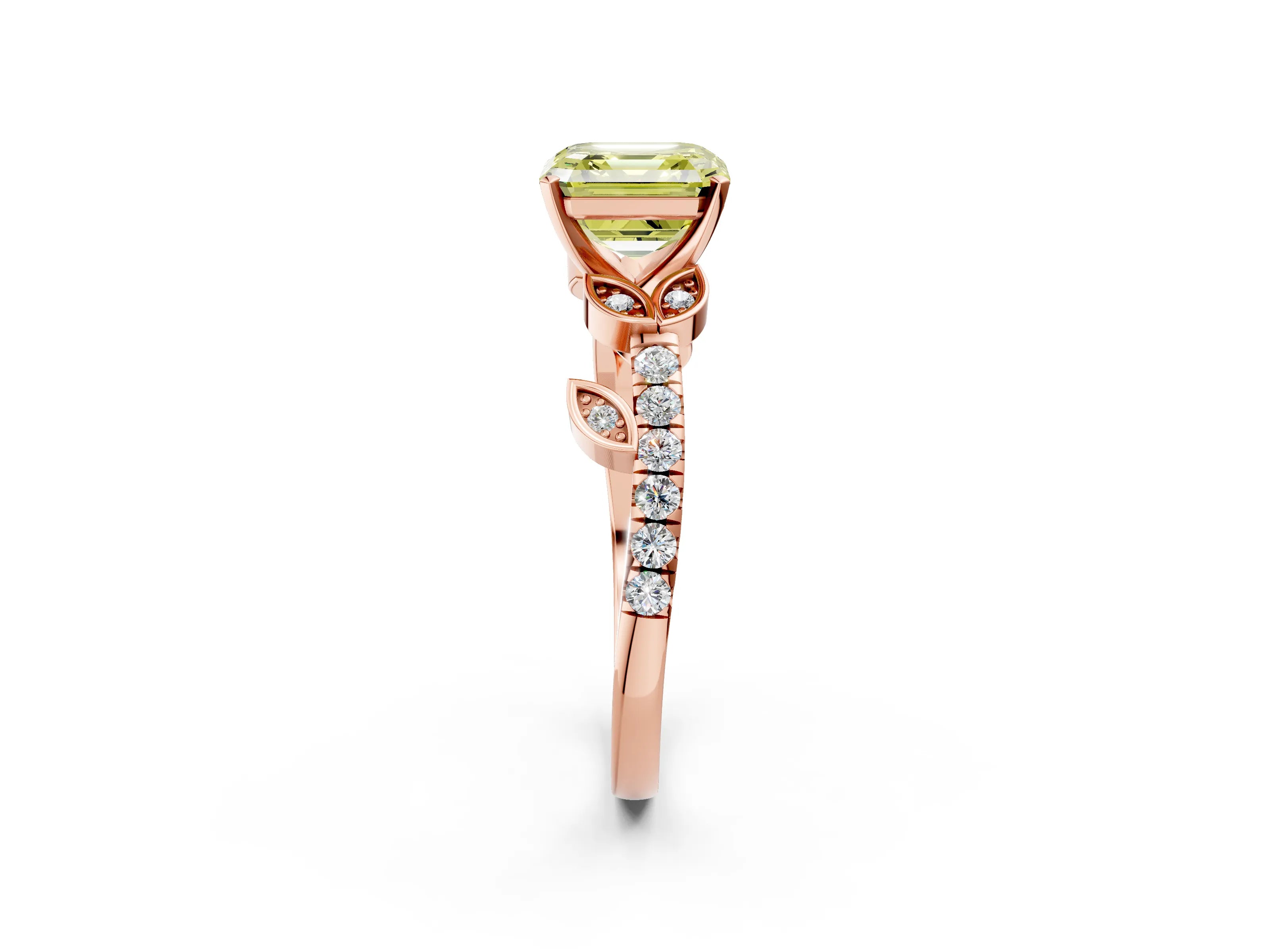 Rose gold Fancy Yellow Asscher Cut Solitaire Leaf-Inspired Diamond Ring with Pavé Band and Four-Prong Setting_2