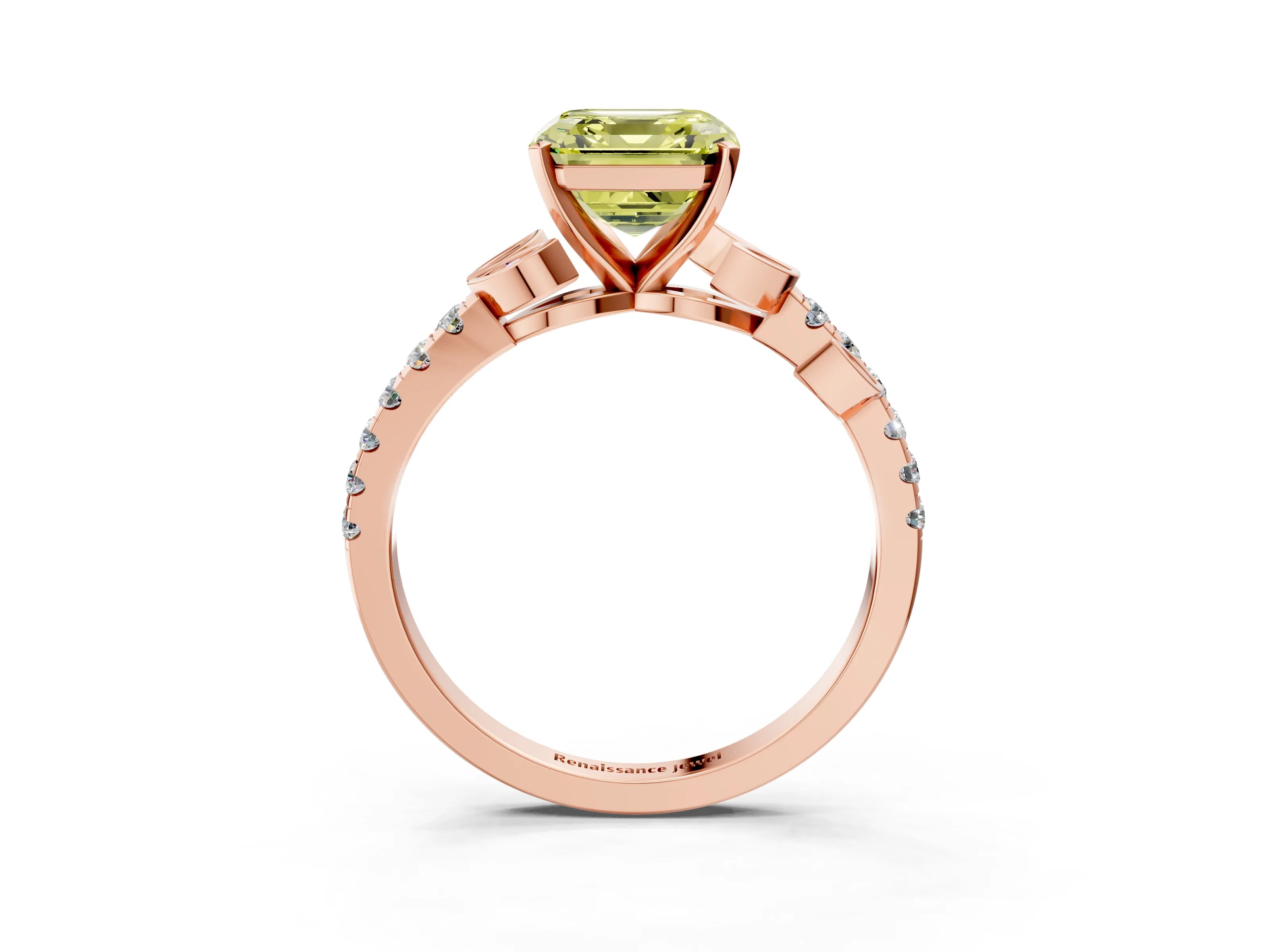 Rose gold Fancy Yellow Asscher Cut Solitaire Leaf-Inspired Diamond Ring with Pavé Band and Four-Prong Setting_3