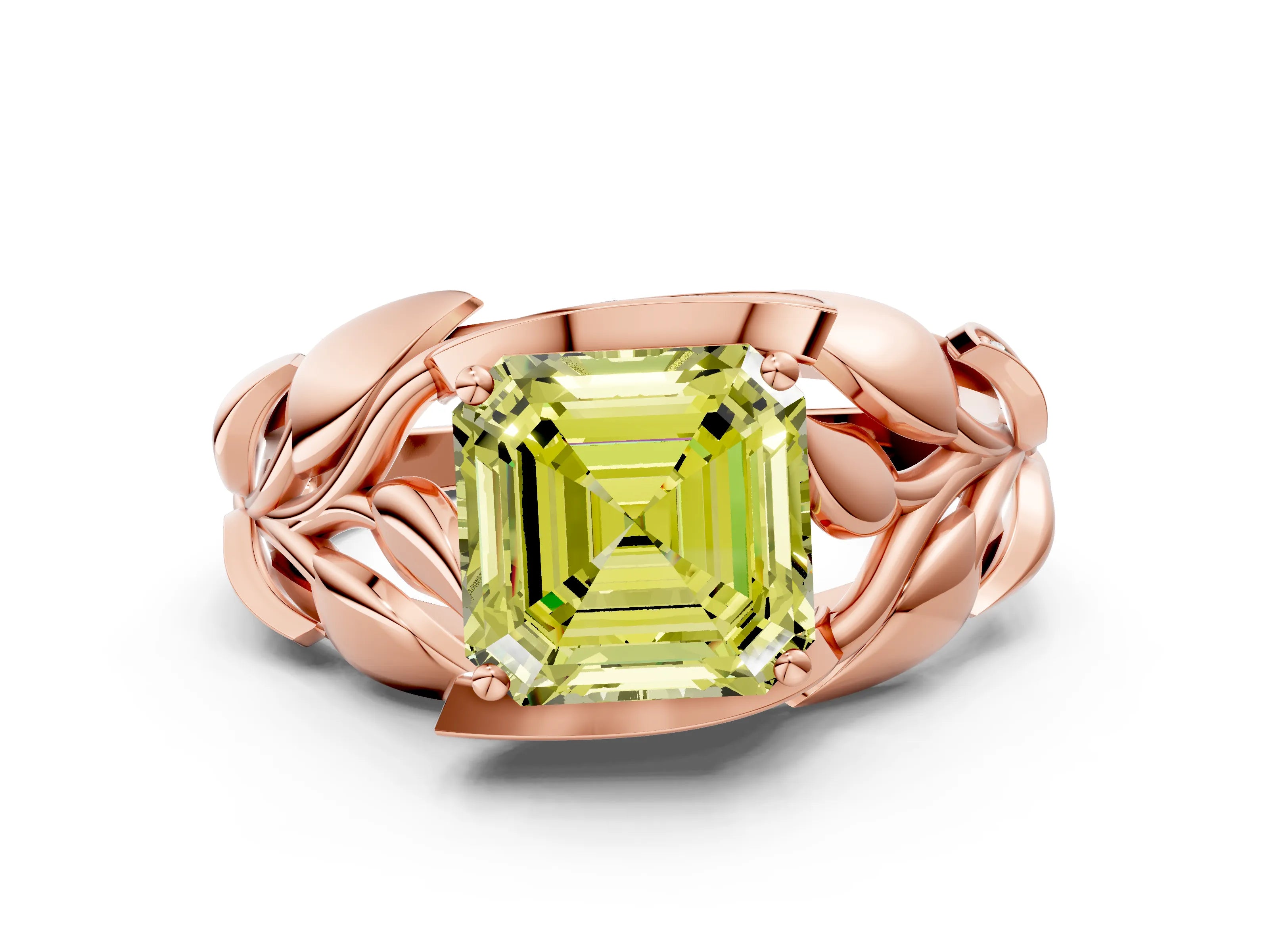 Rose gold Fancy Yellow Asscher Cut Solitaire Leaf-Inspired Engagement Ring with Prong Setting