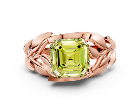 Rose gold Fancy Yellow Asscher Cut Solitaire Leaf-Inspired Engagement Ring with Prong Setting