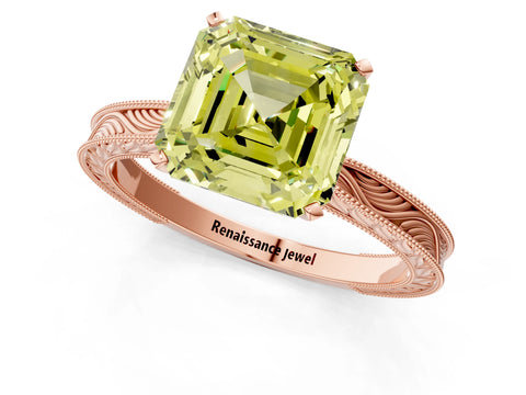 Rose gold Fancy Yellow Asscher Cut Solitaire Milgrain Engraved Band with Four-Prong Setting_1