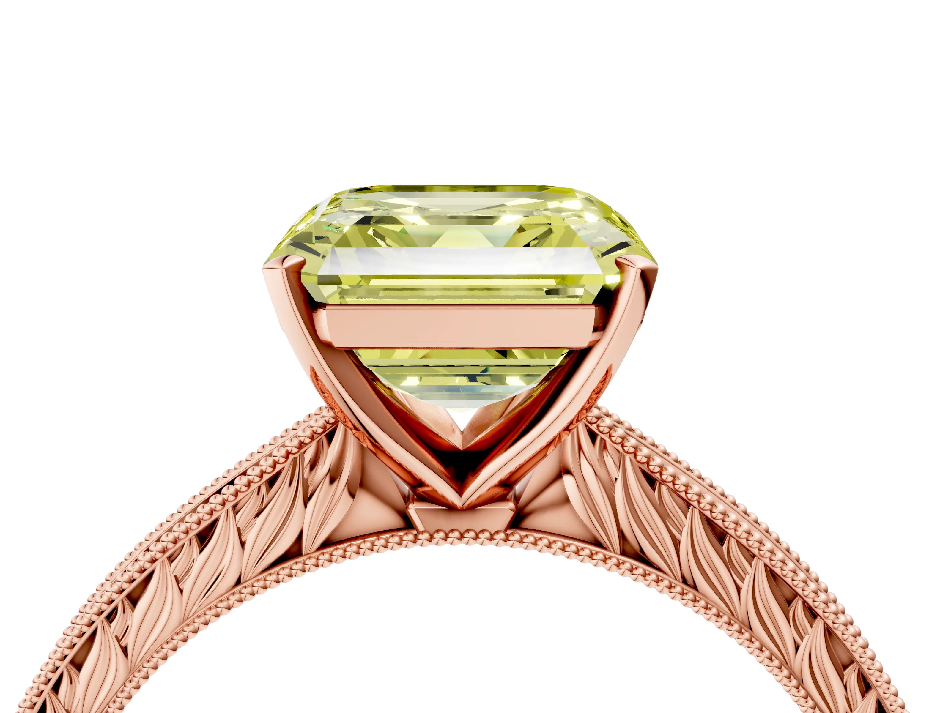 Rose gold Fancy Yellow Asscher Cut Solitaire Milgrain Engraved Band with Four-Prong Setting_4