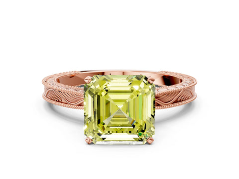 Rose gold Fancy Yellow Asscher Cut Solitaire Milgrain Engraved Band with Four-Prong Setting