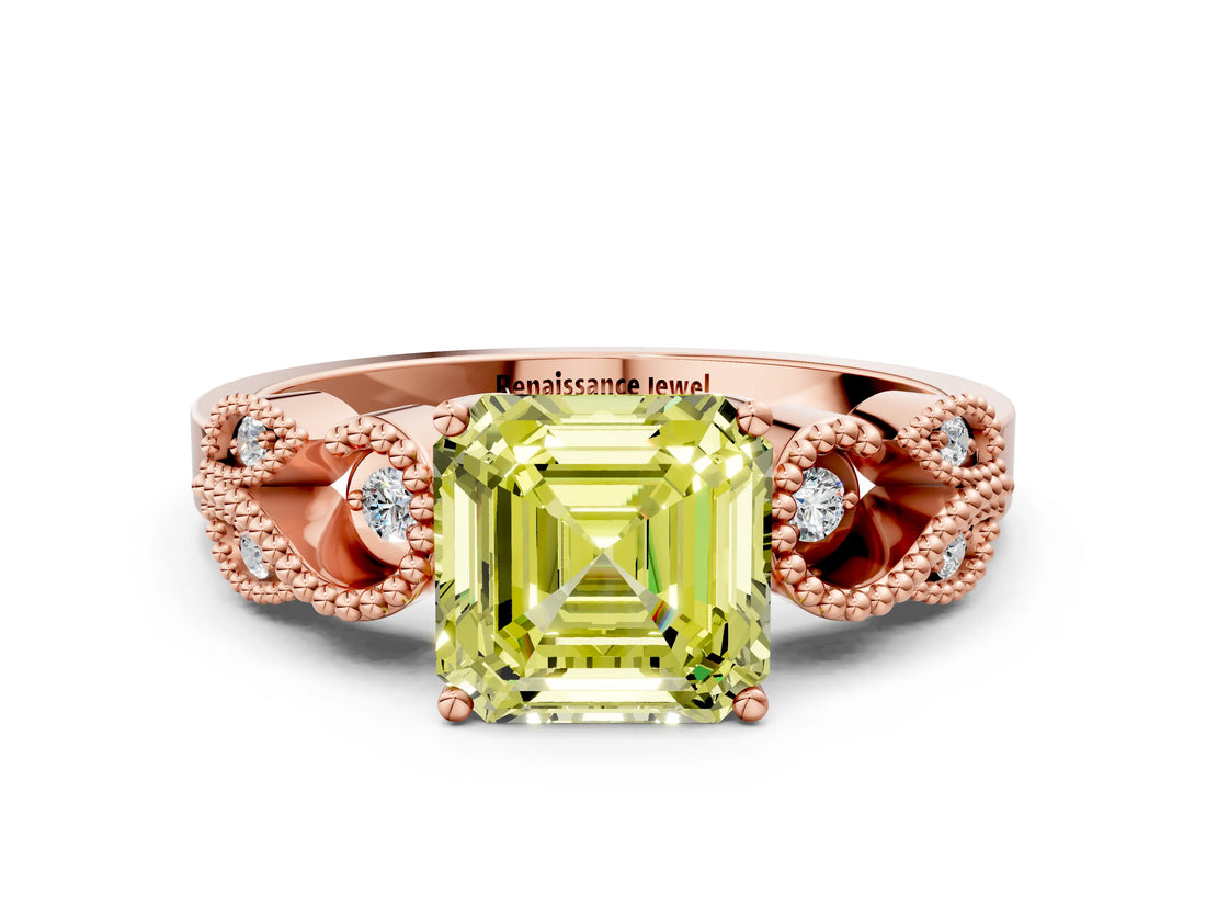 Rose gold Fancy Yellow Asscher Cut Solitaire Milgrain Leaf Band with Prong Setting_12