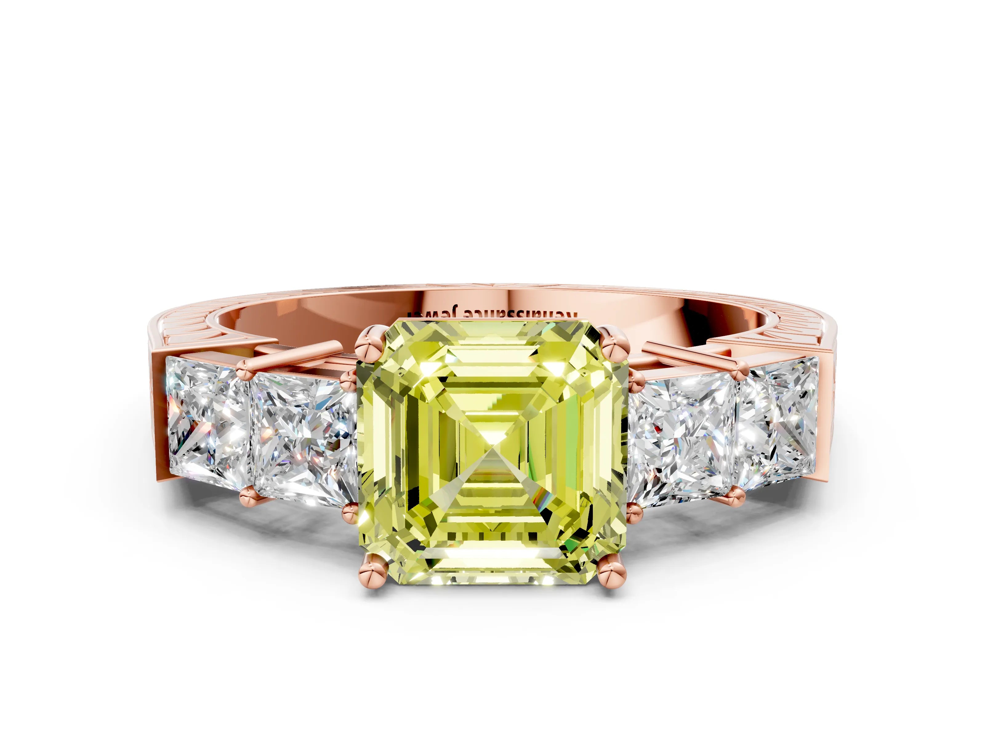 Rose gold Fancy Yellow Asscher Cut Solitaire Princess Side Stone Engraved Band Prong Setting Ring
