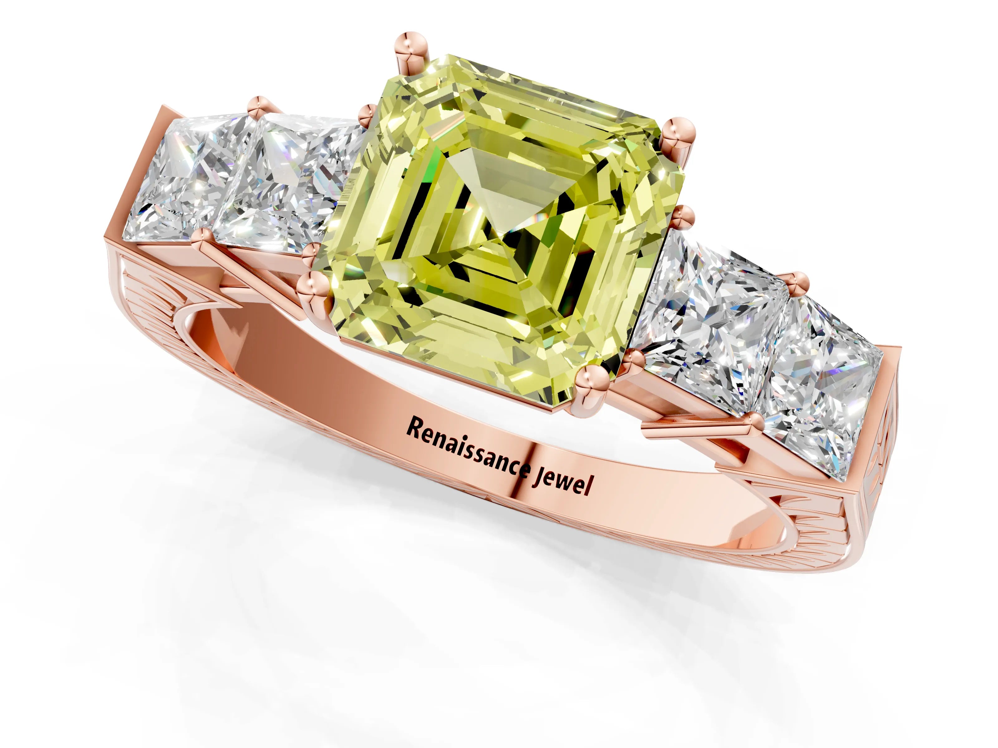 Rose gold Fancy Yellow Asscher Cut Solitaire Princess Side Stone Engraved Band Prong Setting Ring_1