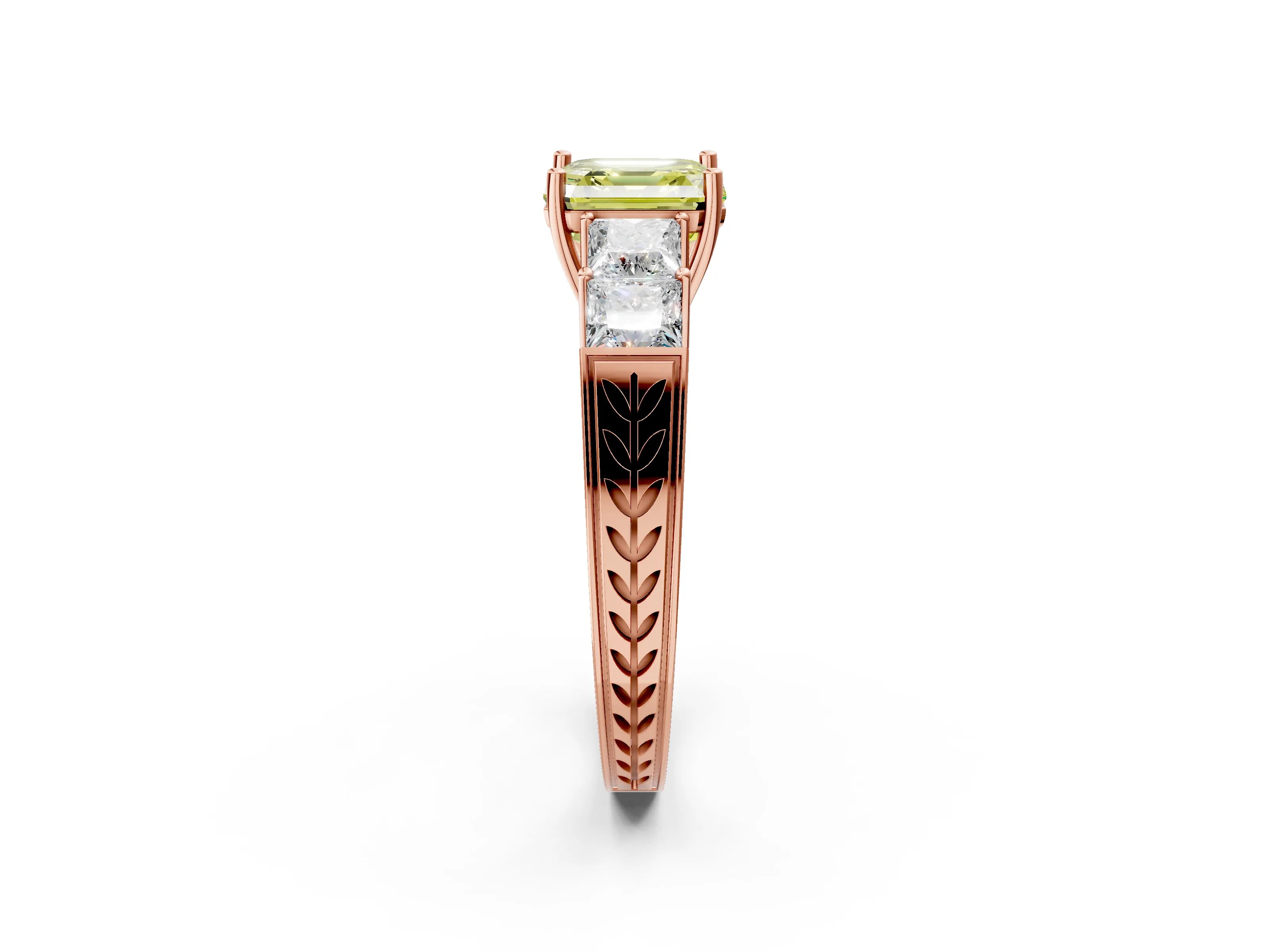 Rose gold Fancy Yellow Asscher Cut Solitaire Princess Side Stone Engraved Band Prong Setting Ring_2